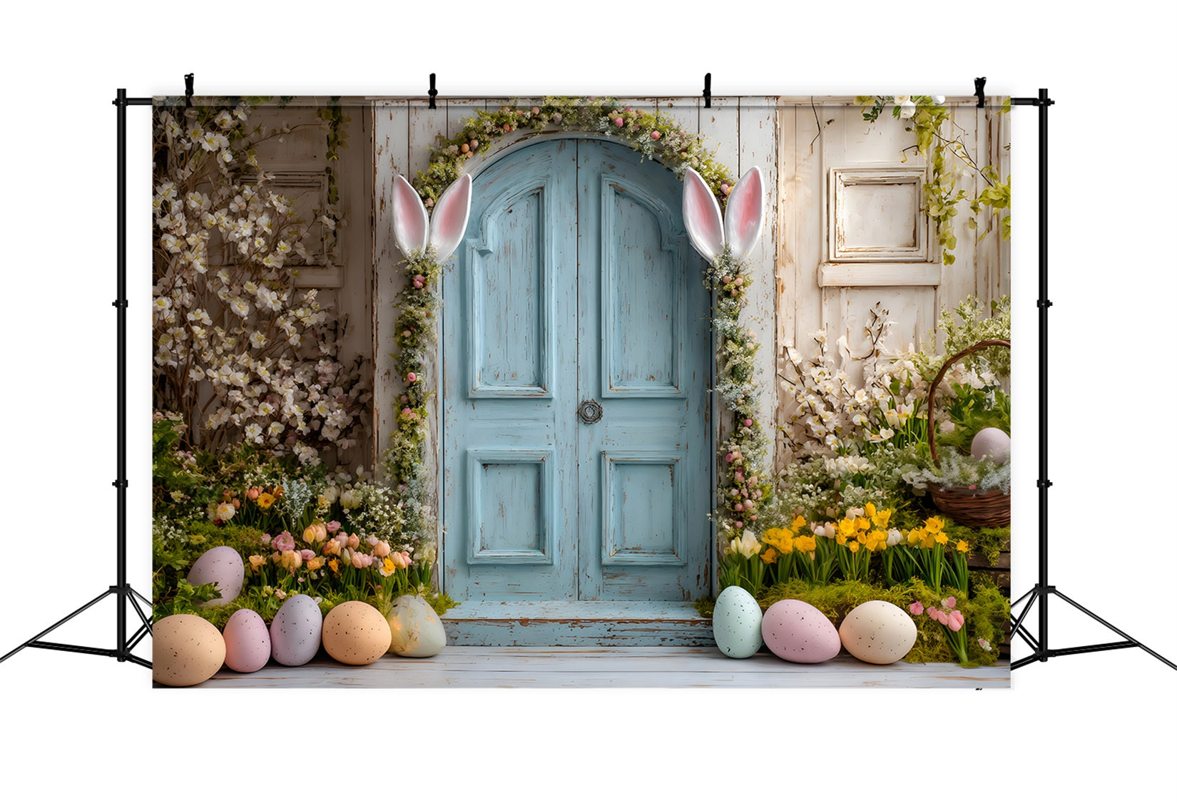 Toile de fond Pâques Porte Bleue Oreilles Lapin Par Magali