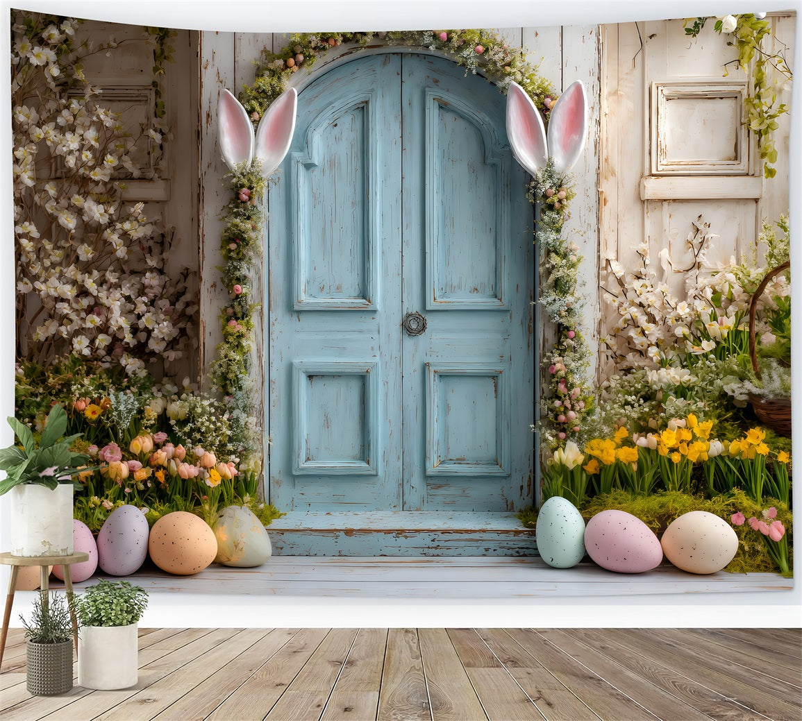 Toile de fond Pâques Porte Bleue Oreilles Lapin Par Magali