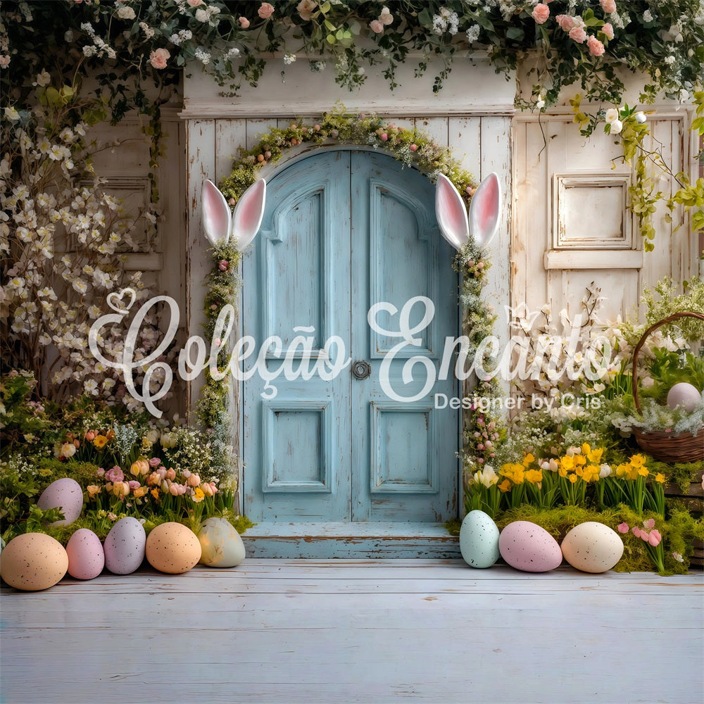 Toile de fond Pâques Porte Bleue Oreilles Lapin Par Magali