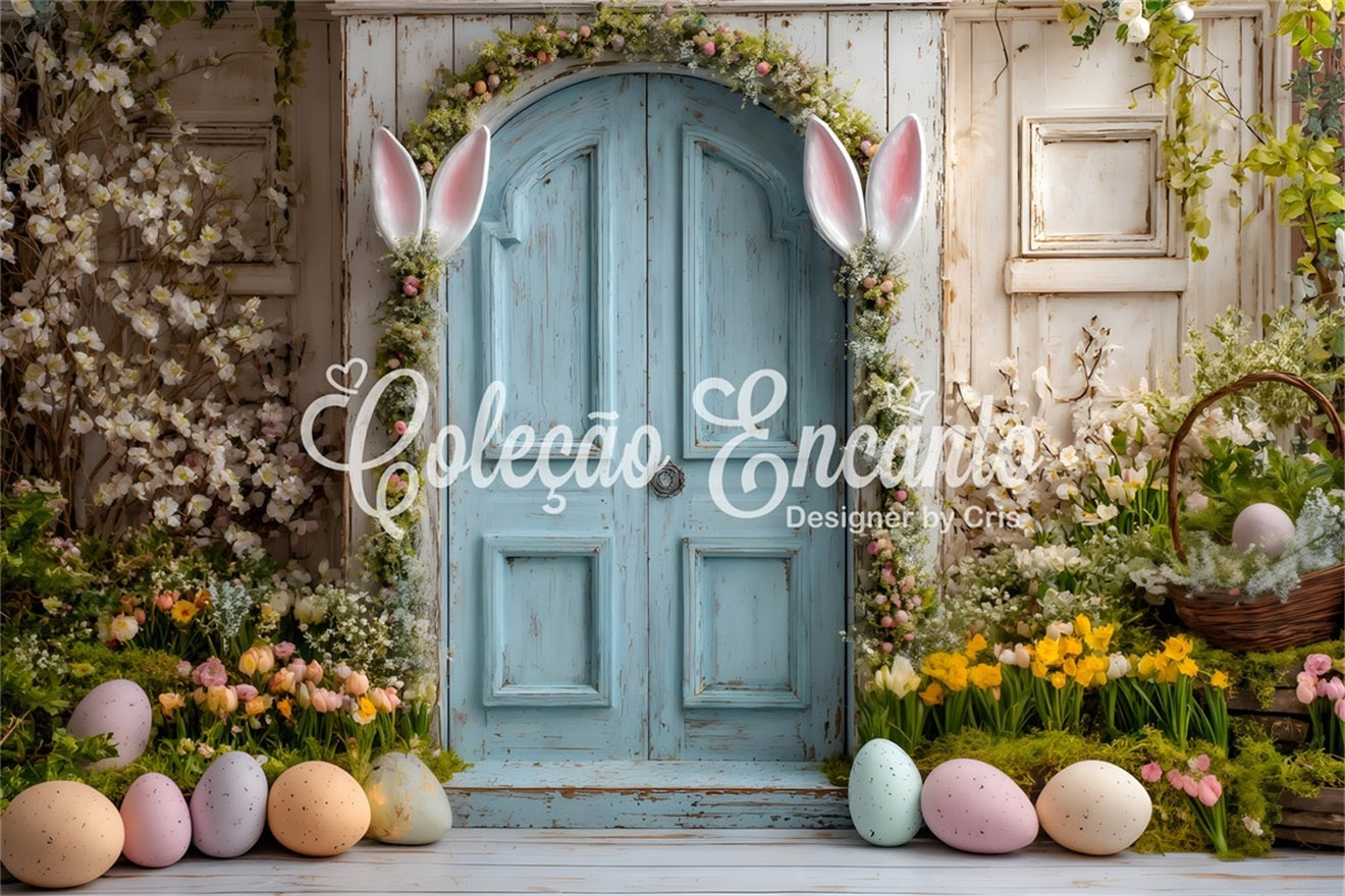 Toile de fond Pâques Porte Bleue Oreilles Lapin Par Magali