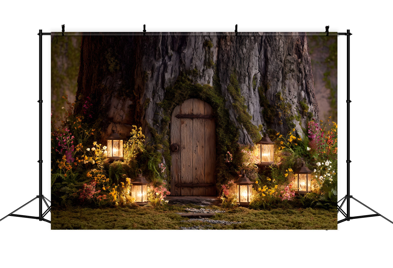 Toile de fond Pâques Porte Arbre Lanternes Fleurs Par Magali
