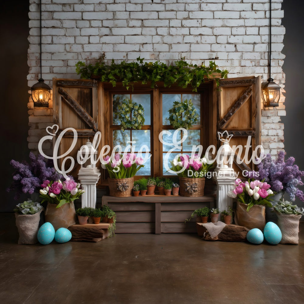 Fond Studio Pâques Fenêtre Couronne Tulipees Œufs Par Magali