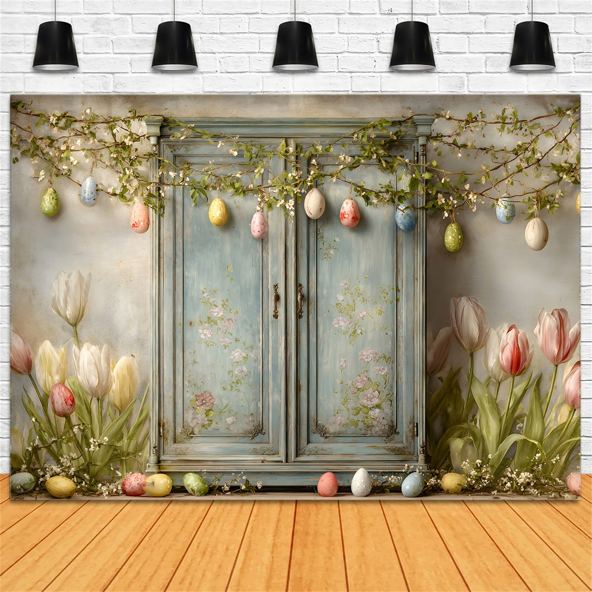 Fond Studio Pâques Porte Bleue Tulipees Œufs Par Magali