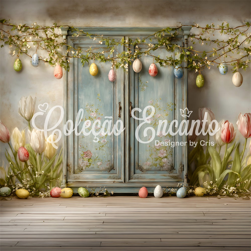 Fond Studio Pâques Porte Bleue Tulipees Œufs Par Magali