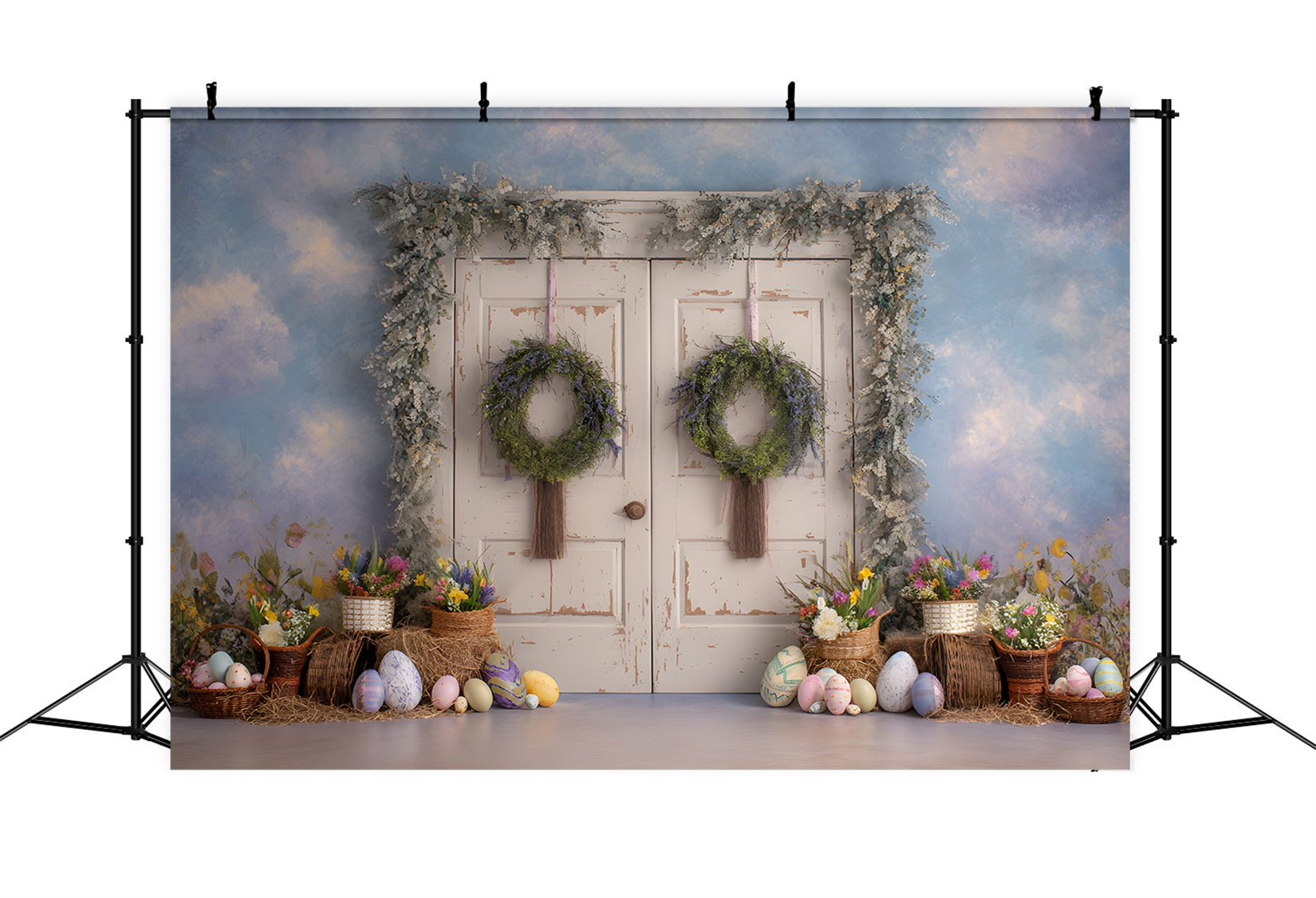 Toile de fond Pâques Porte Fleurie Rustique Présentation Œufs Par Magali
