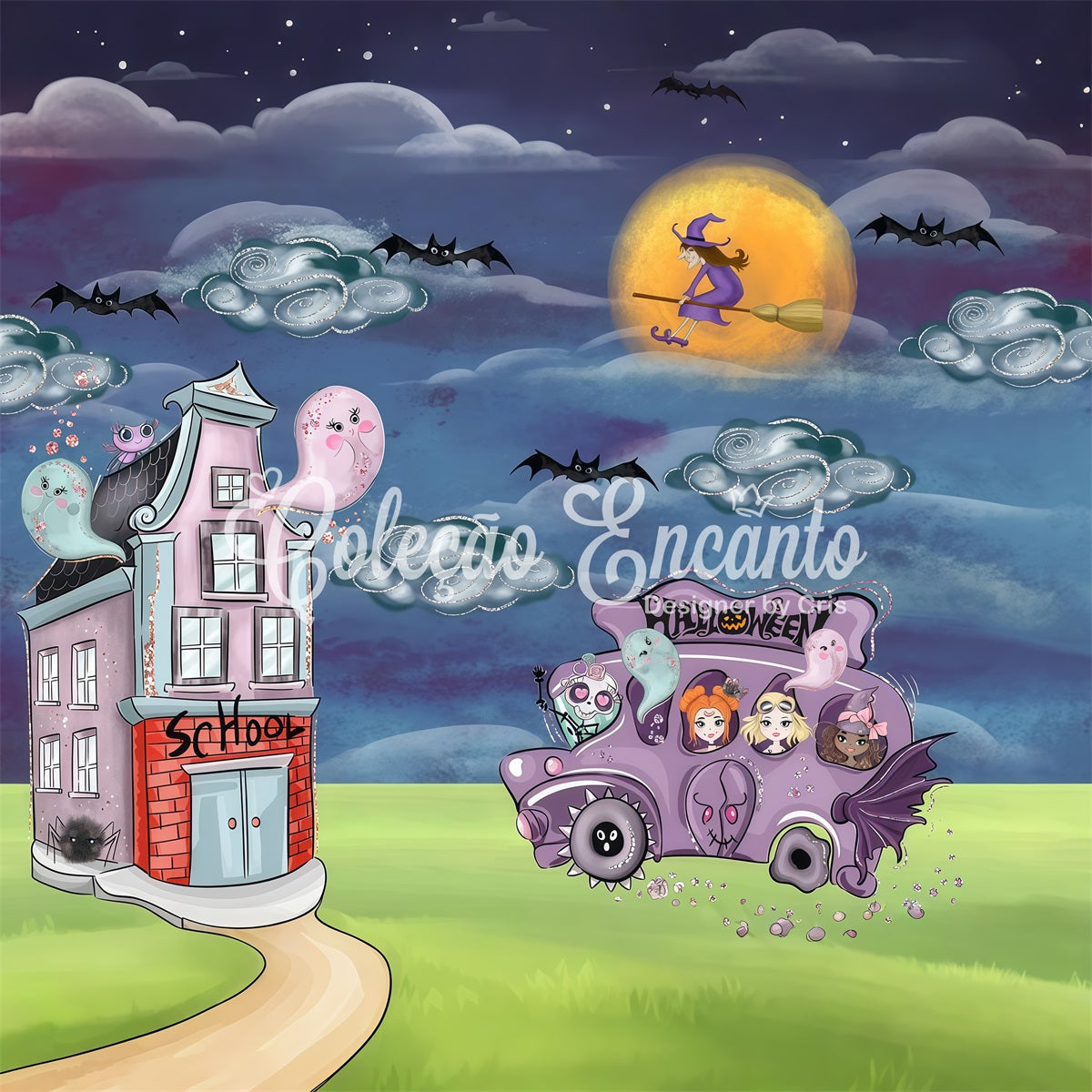 Toile de fond Nouveau-né Bus Effrayant Sorcière Lune Par Magali