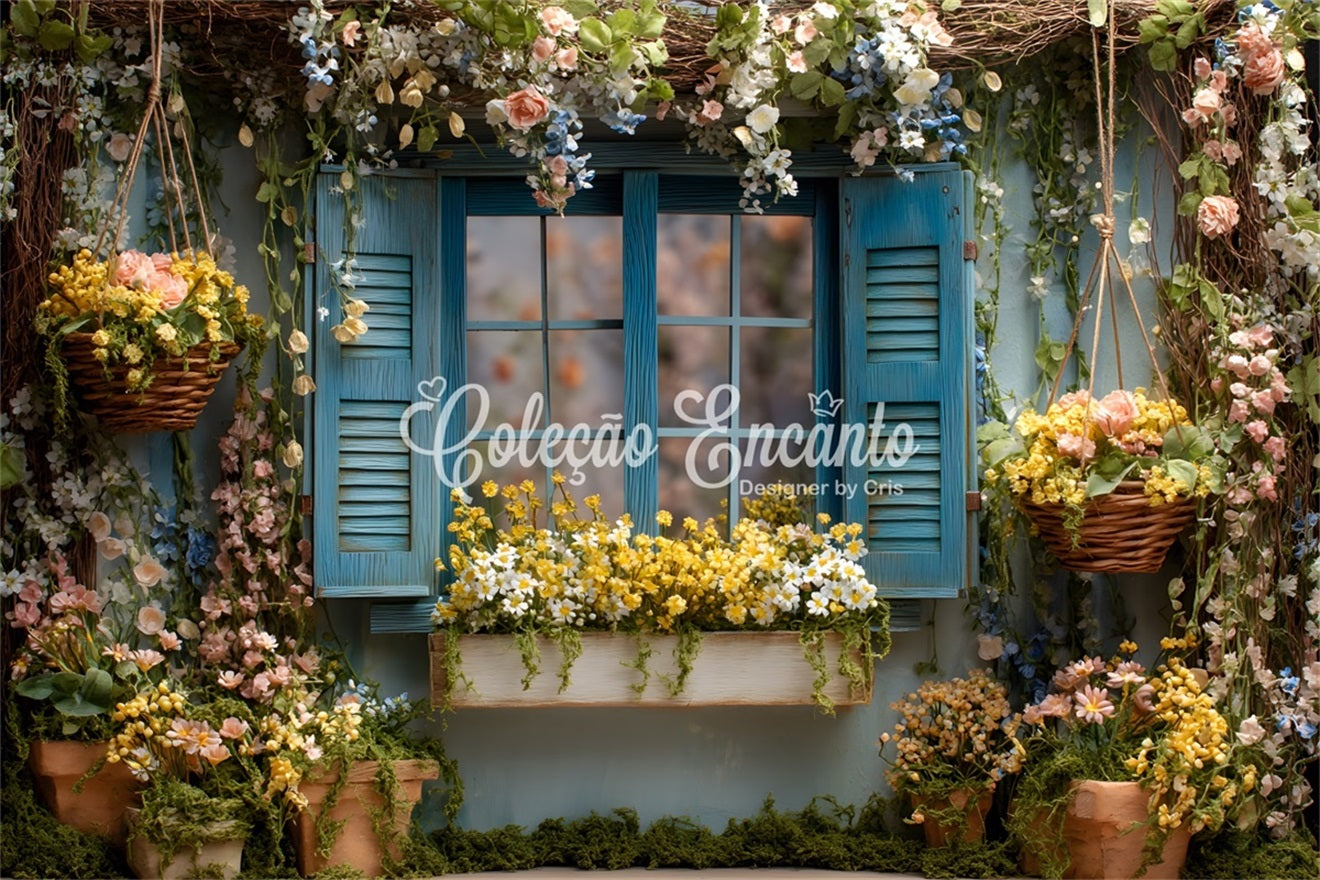 Toile de fond Photo Pâques Fenêtre Bleue Fleurs Printanières Par Magali