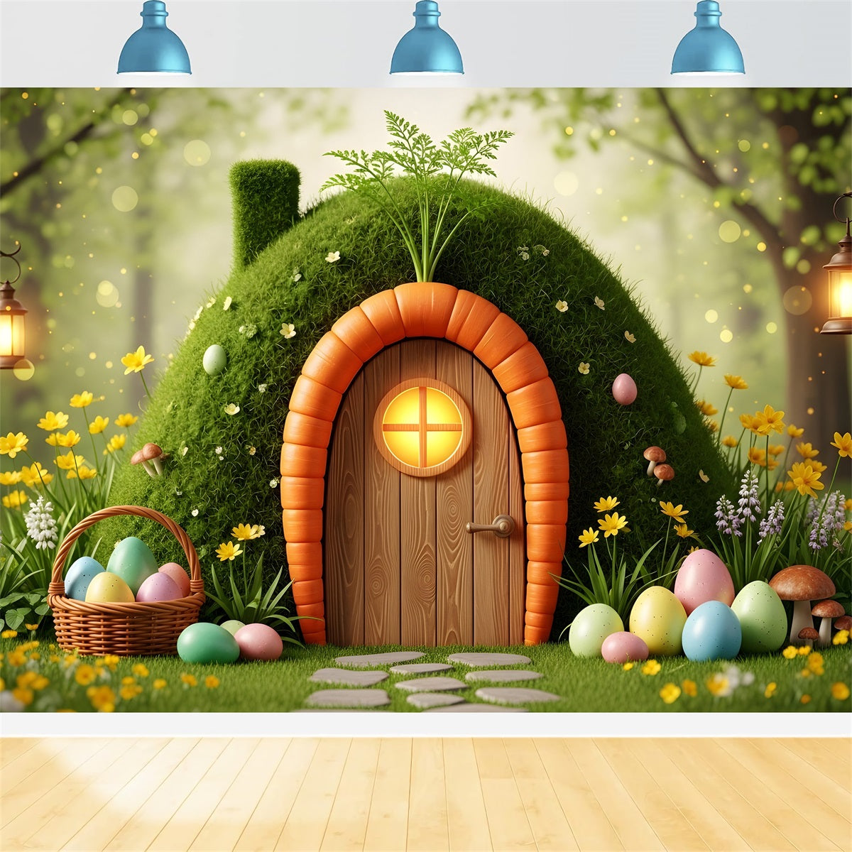 Toile de fond Pâques Maison Œufs Mousse Porte Carotte Par Magali