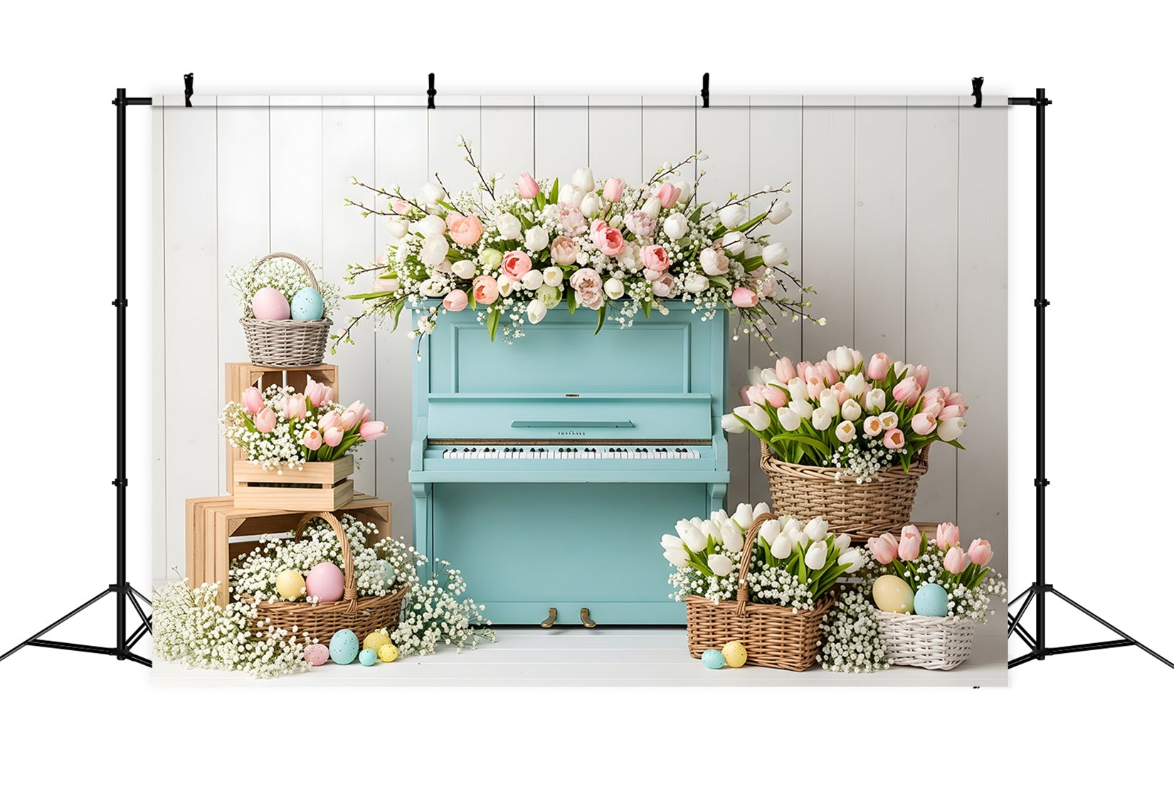 Fond Studio Pâques Piano Bleu Paniers Œufs Par Magali