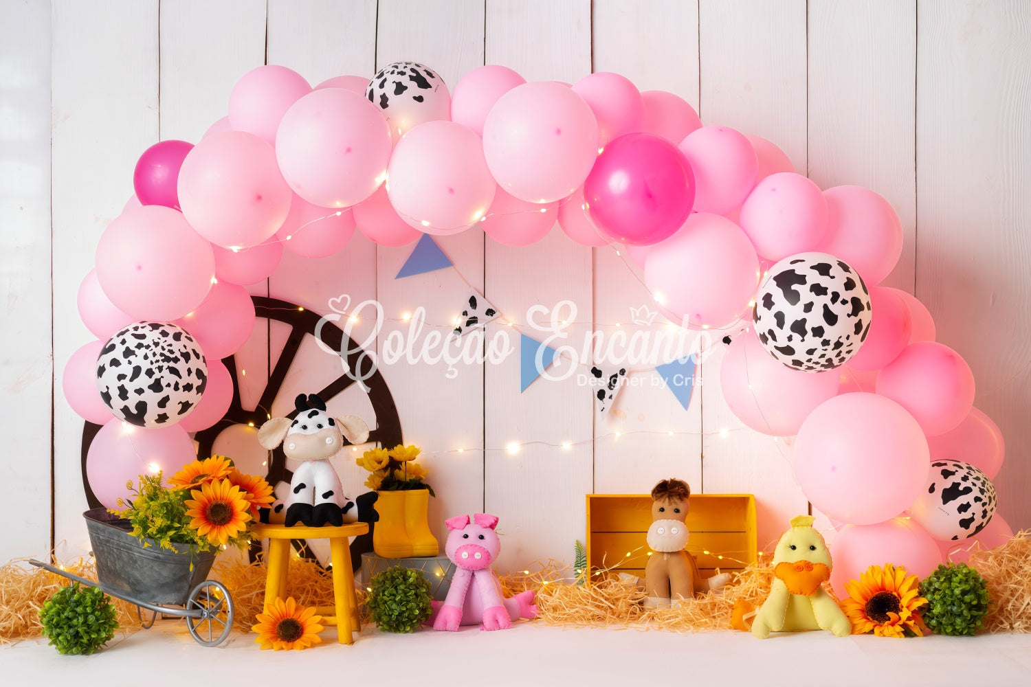 Toile de fond Photo Nouveau-né Ferme Rose Ballons Tournesol Foin Par Magali