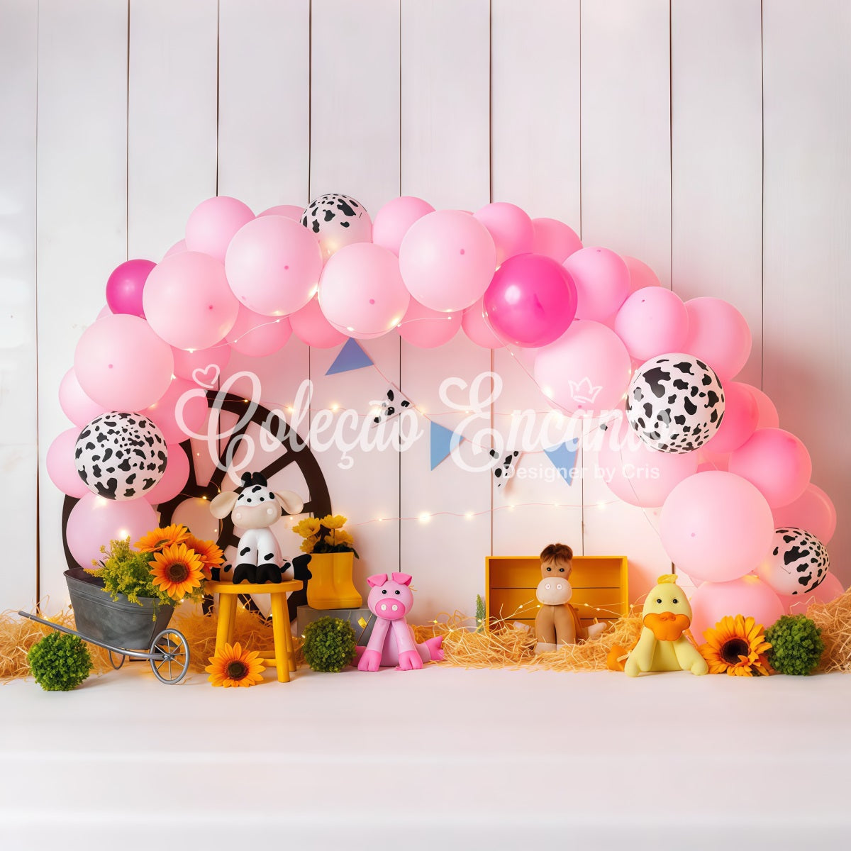 Toile de fond Photo Nouveau-né Ferme Rose Ballons Tournesol Foin Par Magali