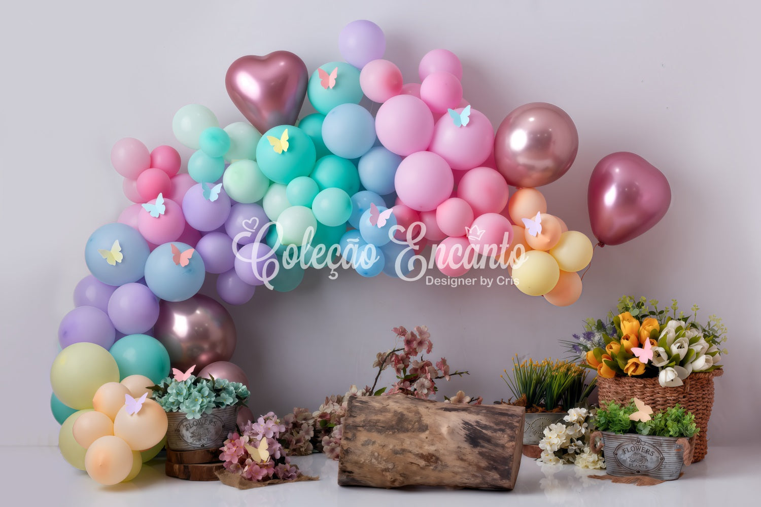 Toile de fond Nouveau-né Papillon Pastel Ballons Fleurs Par Magali