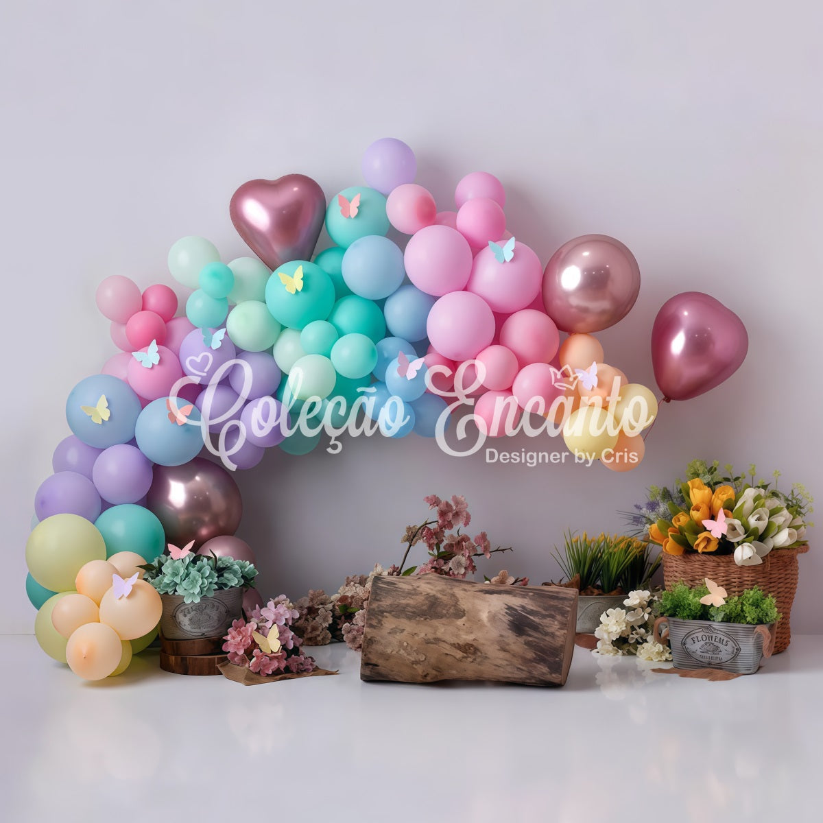 Toile de fond Nouveau-né Papillon Pastel Ballons Fleurs Par Magali
