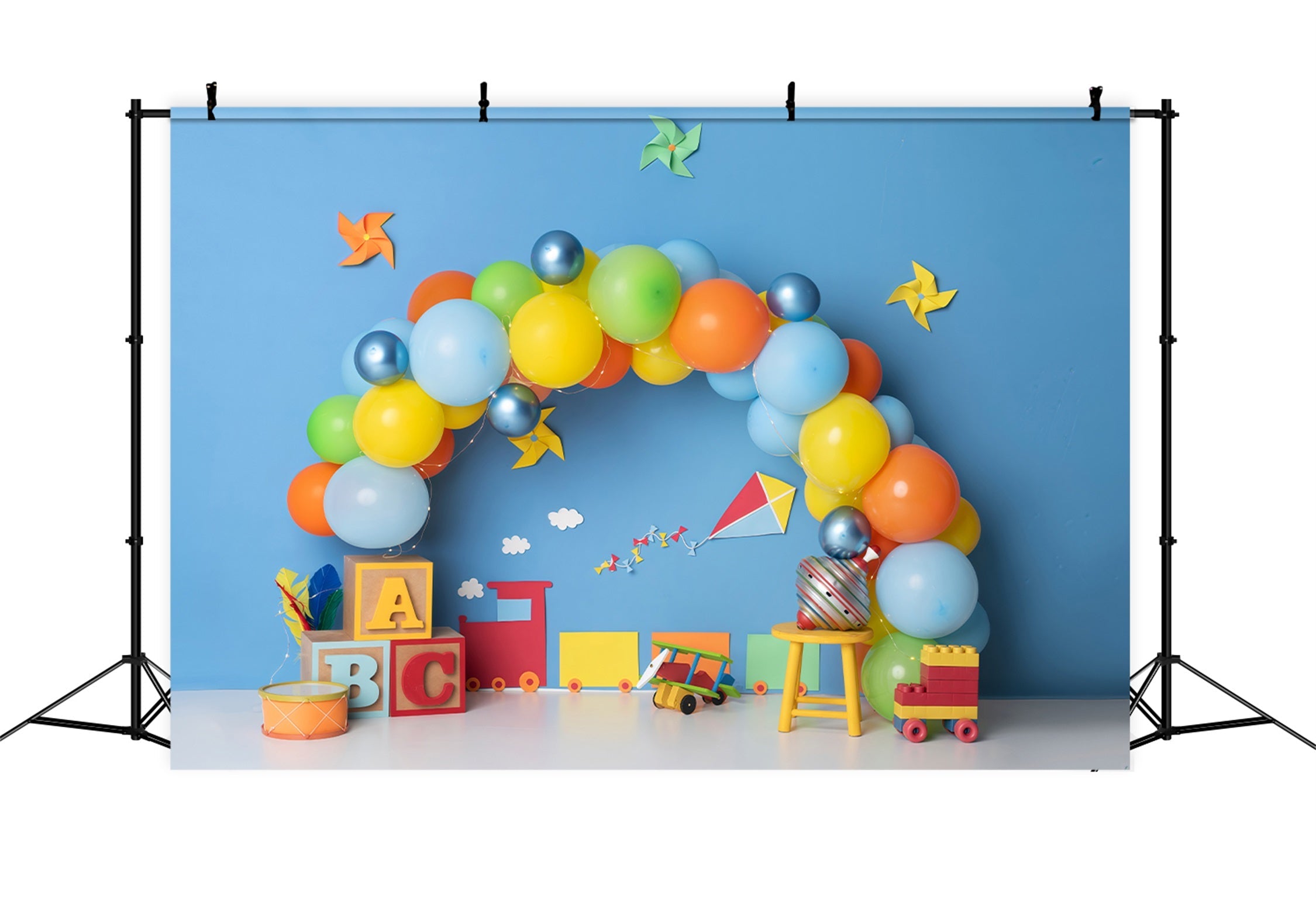 Toile de fond Photo Nouveau-né Train Jouets Blocs Ballons Colorés Par Magali