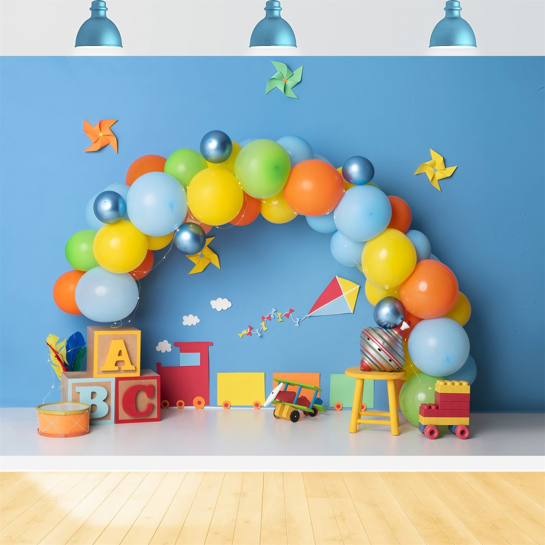 Toile de fond Photo Nouveau-né Train Jouets Blocs Ballons Colorés Par Magali
