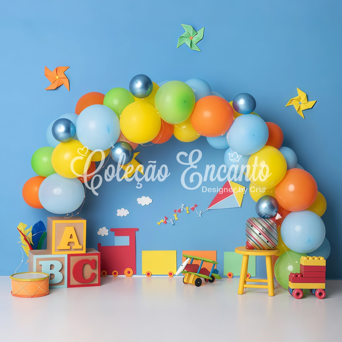 Toile de fond Photo Nouveau-né Train Jouets Blocs Ballons Colorés Par Magali