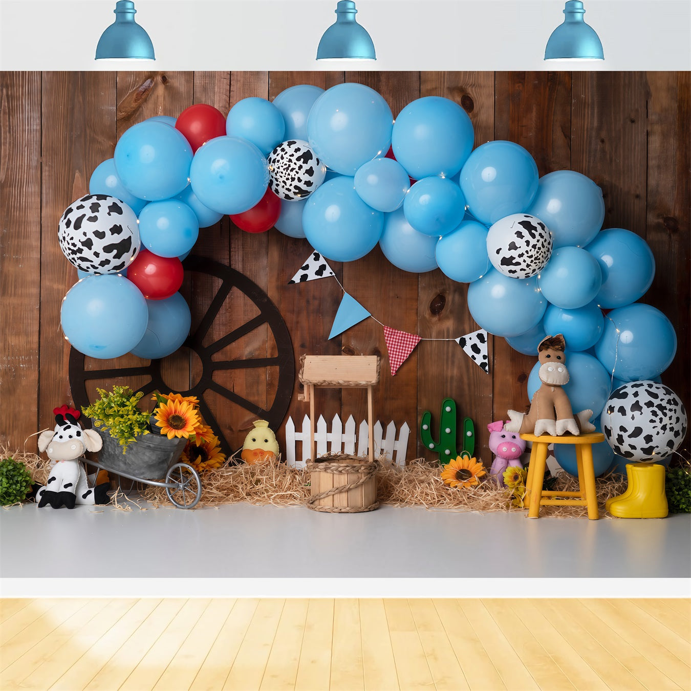 Fond Studio Nouveau-né Arche Ballons Ferme Imprimé Vache Bleue Par Magali