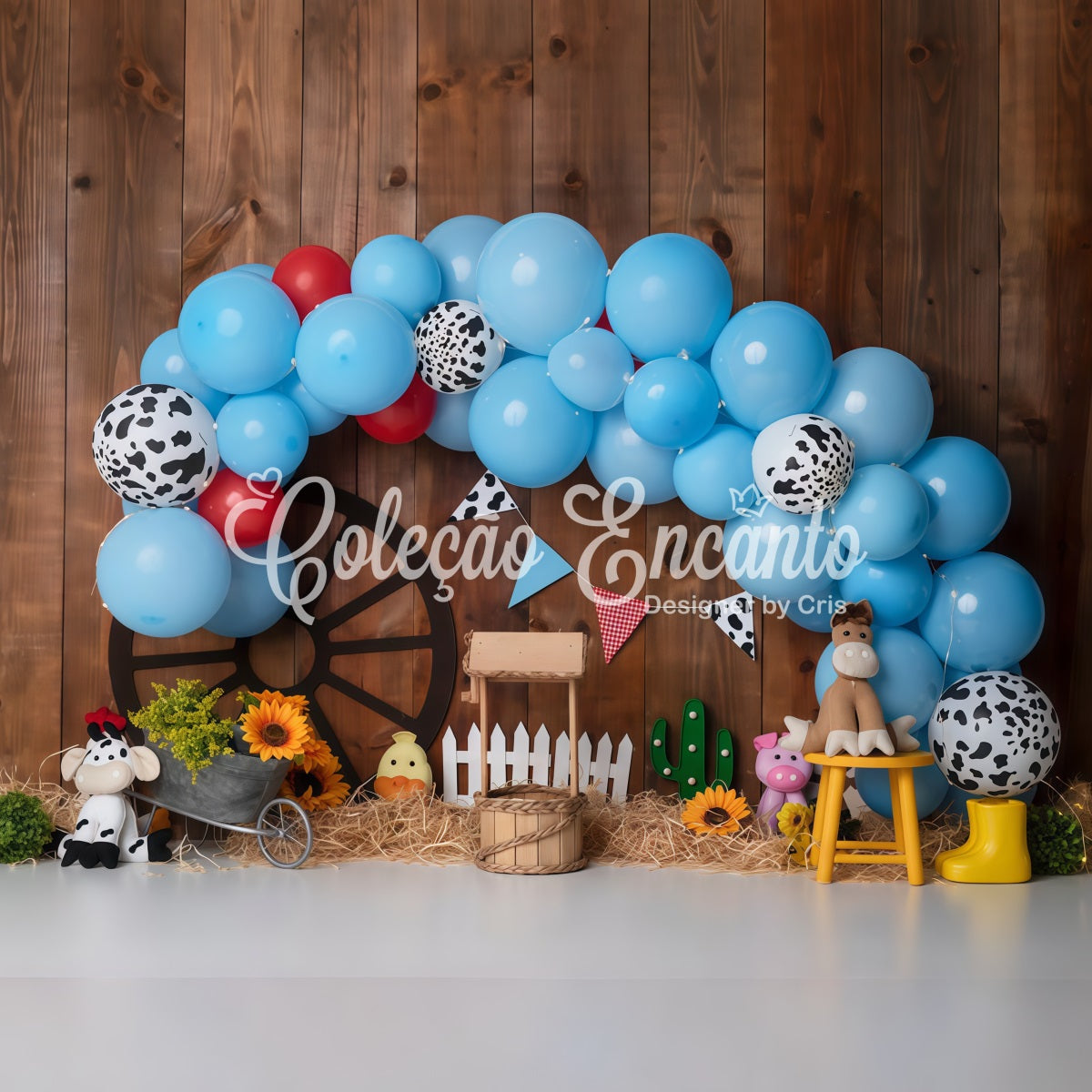 Fond Studio Nouveau-né Arche Ballons Ferme Imprimé Vache Bleue Par Magali