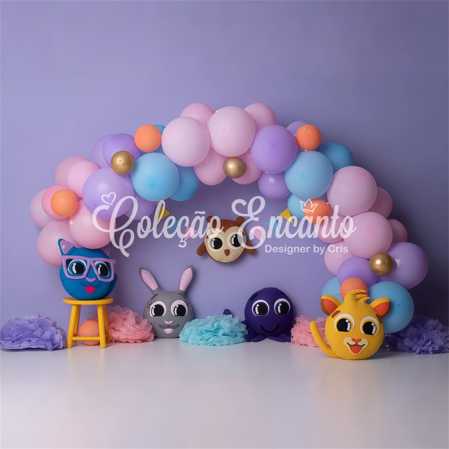 Toile de fond Photo Nouveau-né Arche Ballons Animaux Dessin Animé Pastel Par Magali