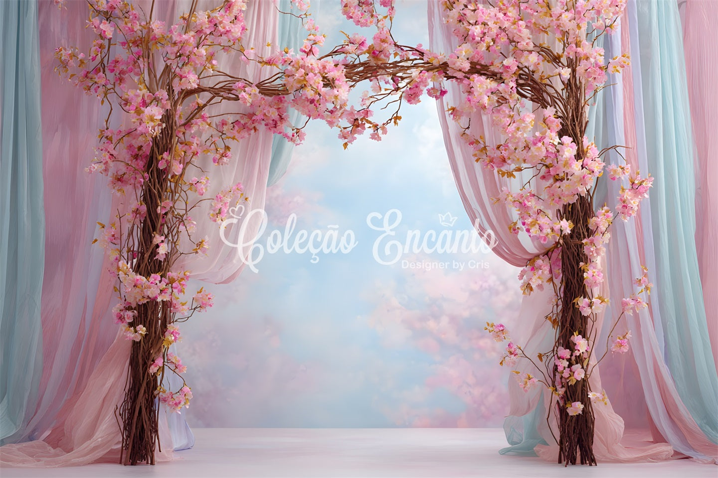 Toile de fond Photo Fête des Mères Arche Fleurs Roses Rideaux Drapés Par Magali