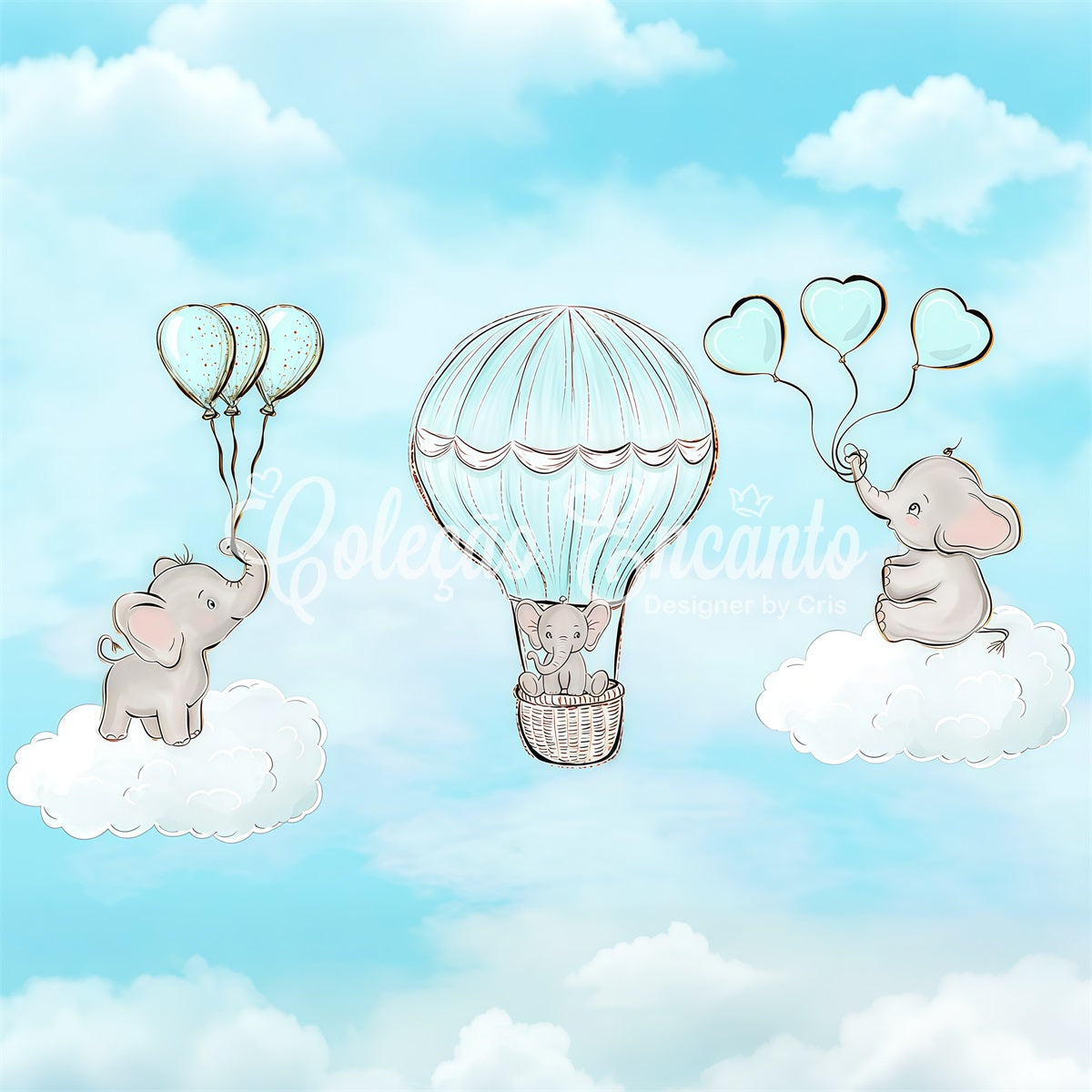 Toile de fond Photo Nouveau-né Balade Ballon Nuage Bébé Éléphant Par Magali