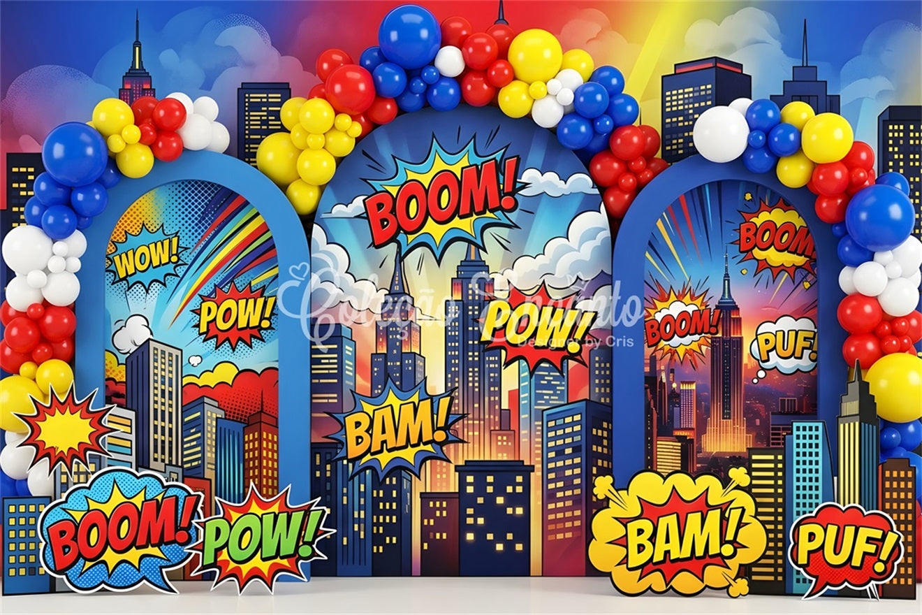 Toile de fond photo pour nouveau-né et enfant avec arche urbaine de ballons style bande dessinée BOUM CEM65-1