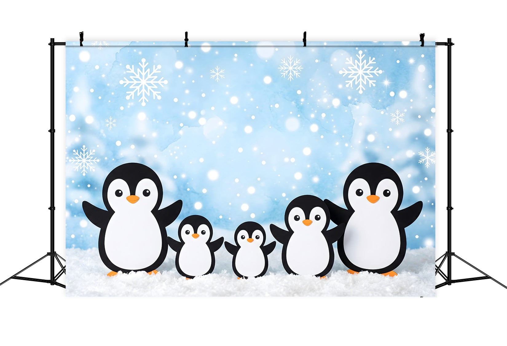Toile de fond de Noël bleue avec flocons et famille de pingouins féerique CEM65-102