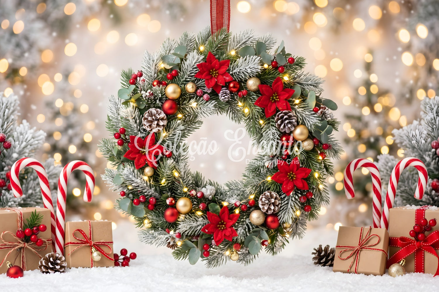 Toile de fond lumineuse de Noël avec couronne givrée de poinsettias et bonbons CEM65-104