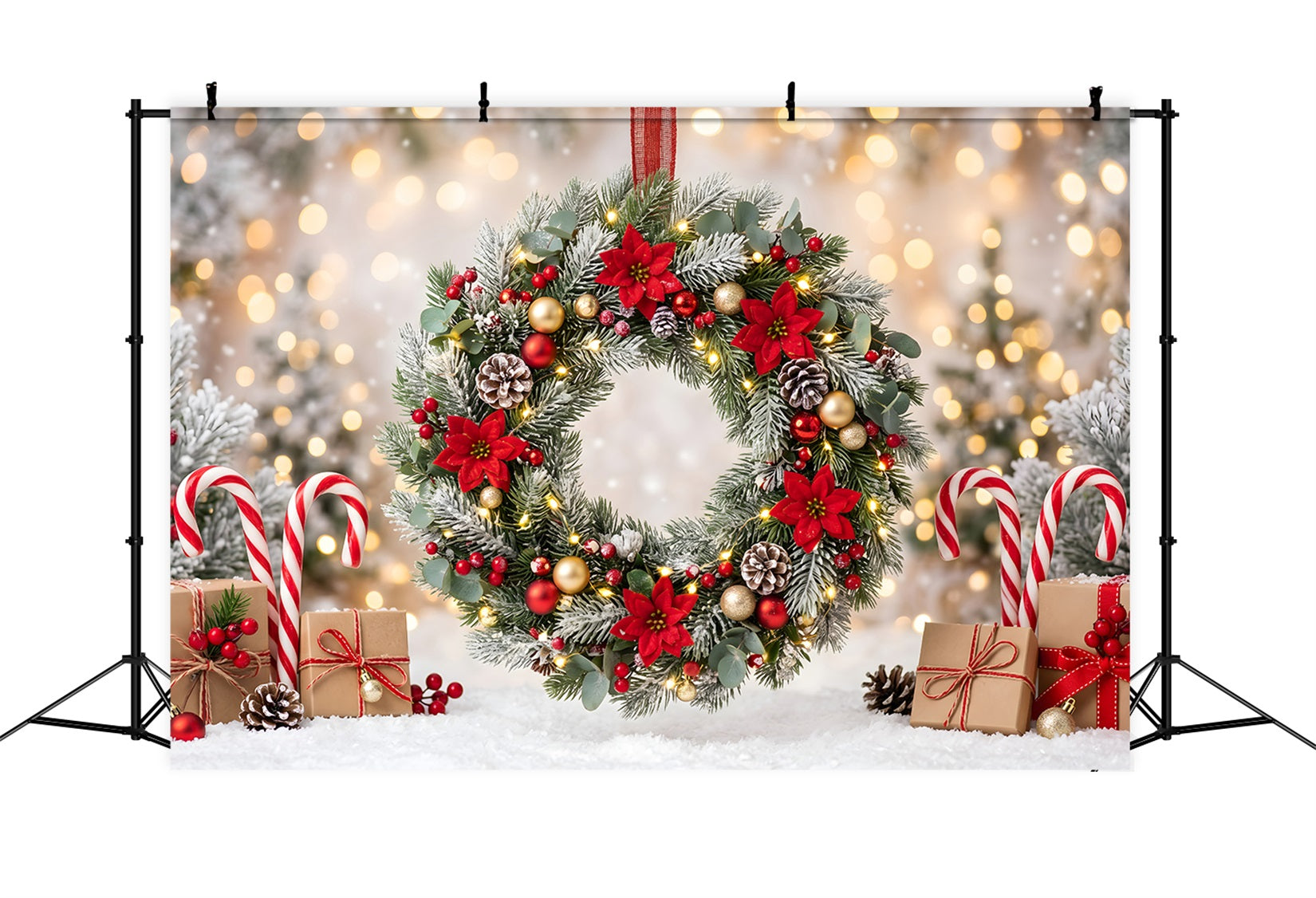 Toile de fond lumineuse de Noël avec couronne givrée de poinsettias et bonbons CEM65-104