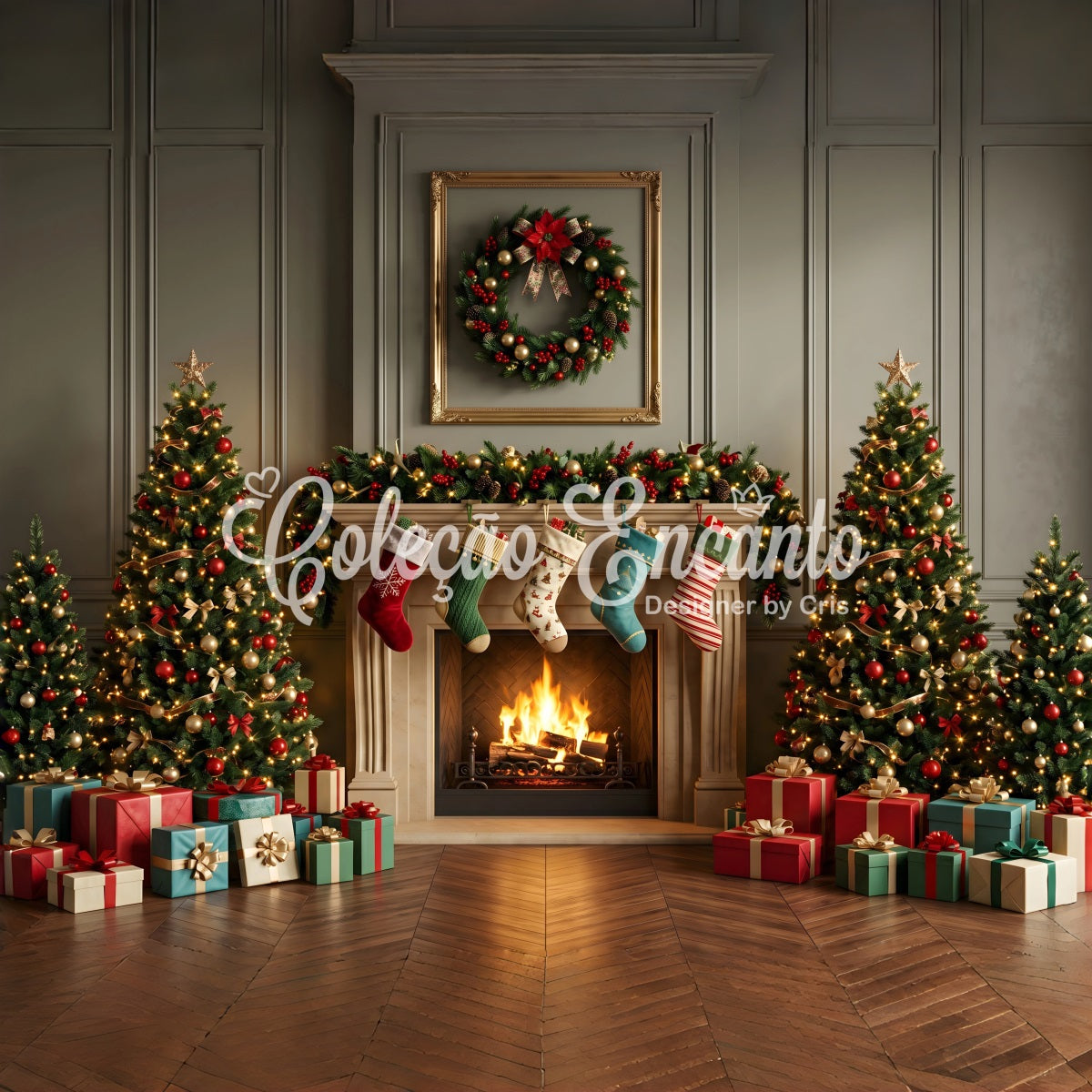 Toile de fond photo de Noël avec manteau classique bas suspendus et sapin CEM65-109
