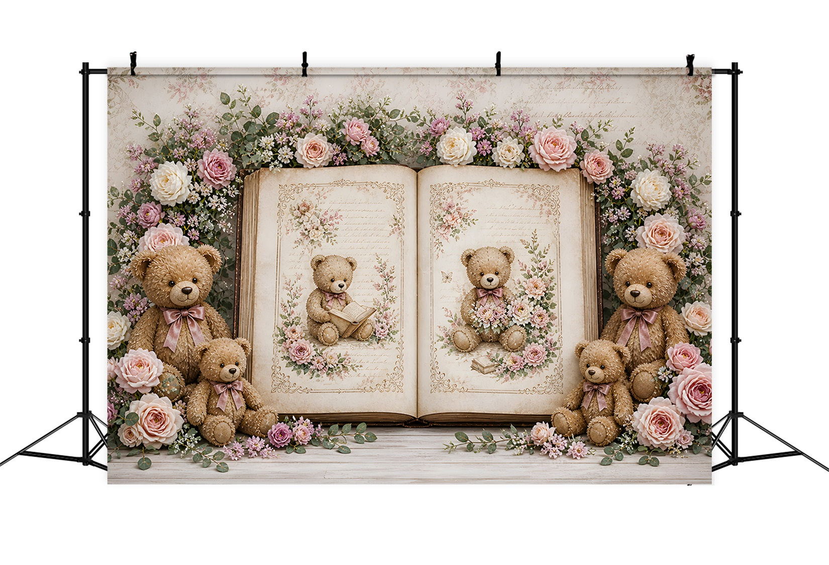 Toile de fond en tissu pour nouveau-né avec ours rétro livre de contes et roses CEM65-11