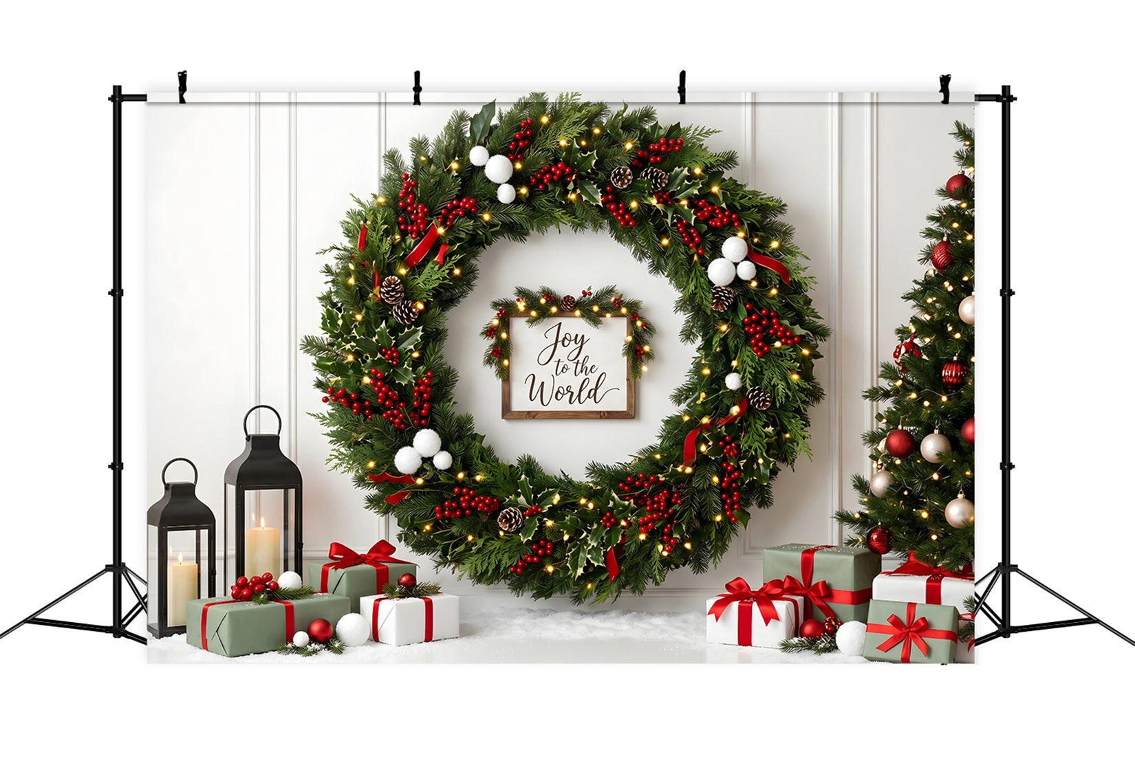 Toile de fond murale de Noël avec houx baies couronne lanterne et cadeaux CEM65-111