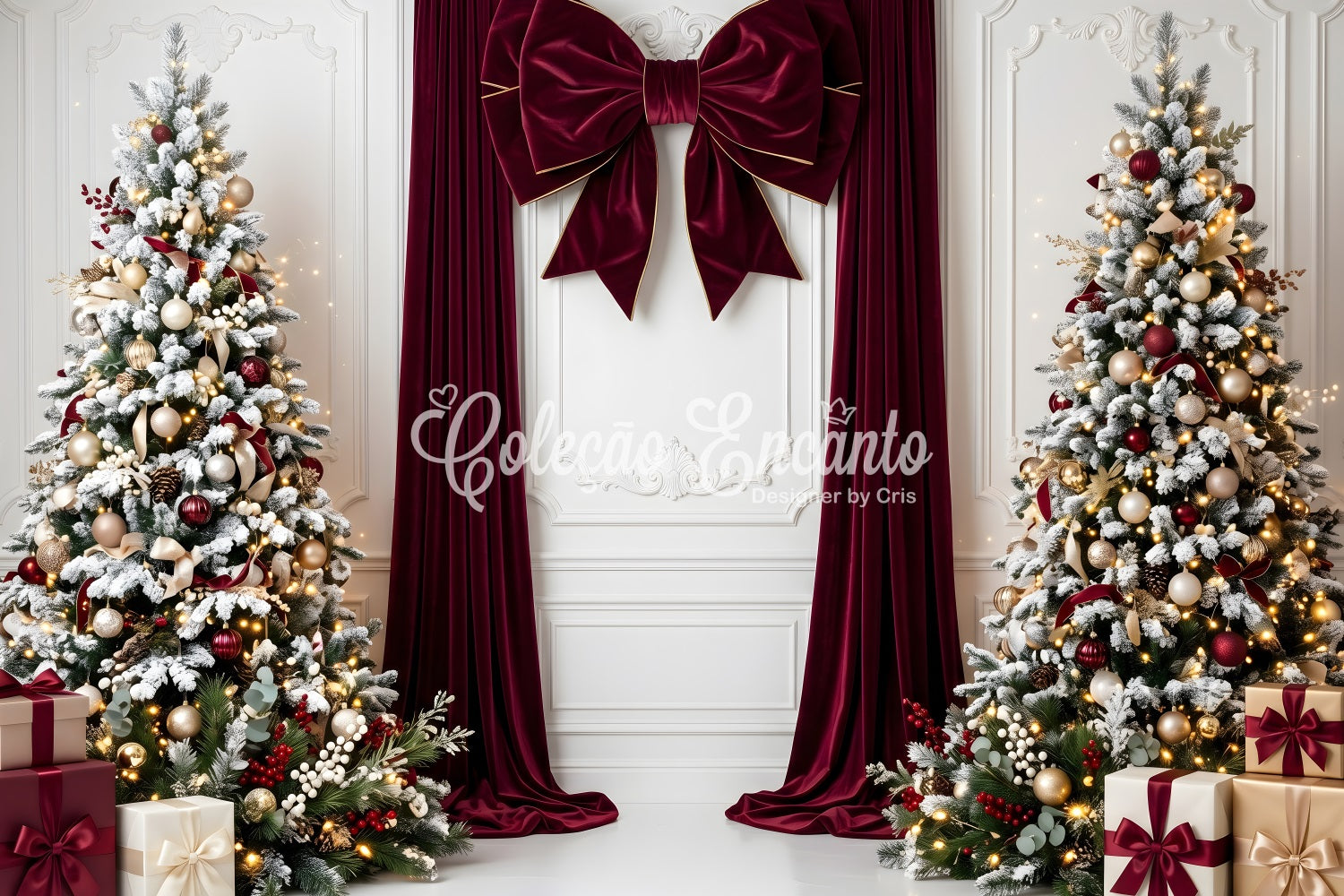 Toile de fond de Noël avec nœud en velours bordeaux et sapins enneigés pour photomaton CEM65-112