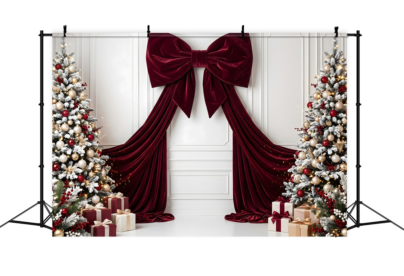 Toile de fond de Noël avec nœud en velours bordeaux et sapins givrés pour séance photo CEM65-113