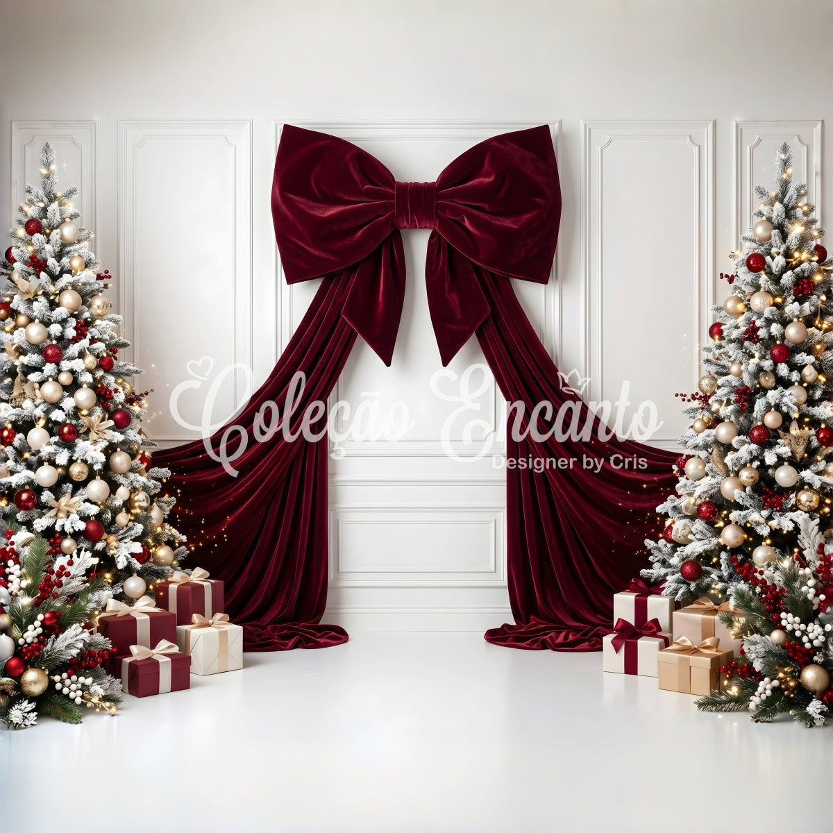 Toile de fond de Noël avec nœud en velours bordeaux et sapins givrés pour séance photo CEM65-113
