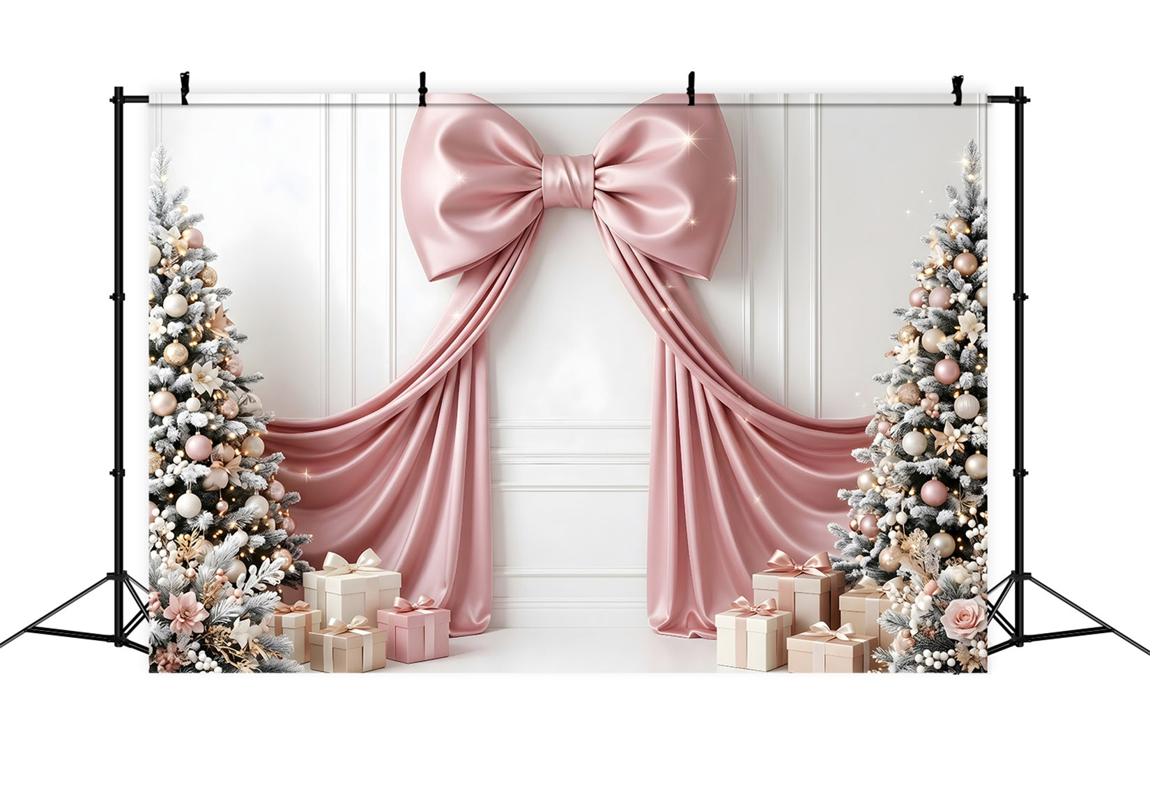 Toile de fond murale de Noël avec nœud en satin rose cadeaux et sapins pour photomaton CEM65-114