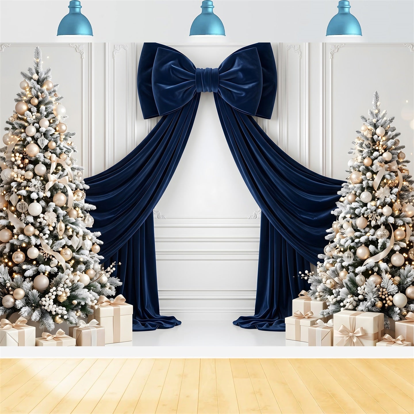 Toile de fond de Noël avec nœud en velours bleu marine et sapins givrés pour studio CEM65-115