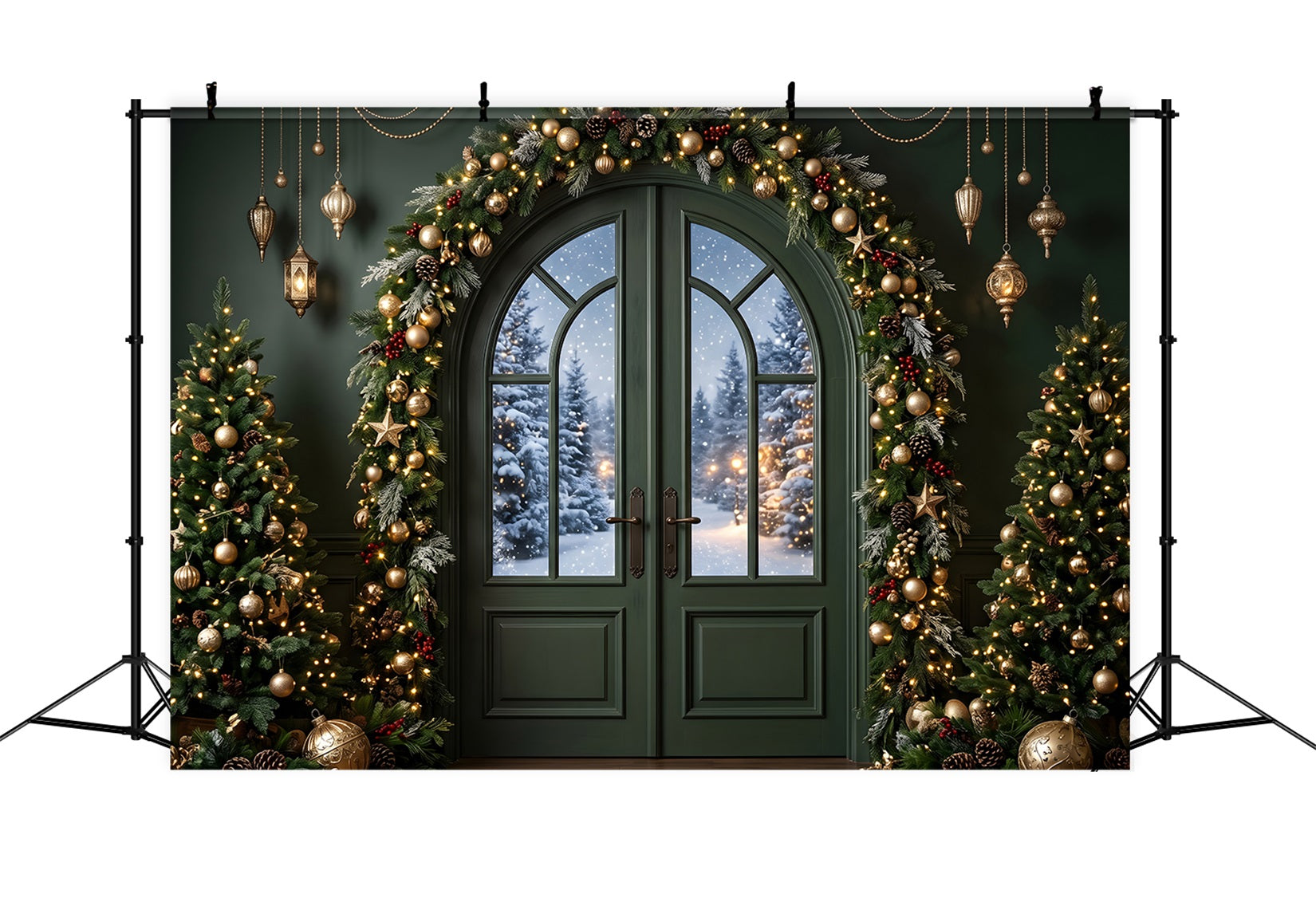 Toile de fond verte de Noël avec porte émeraude guirlande dorée et sapins CEM65-117