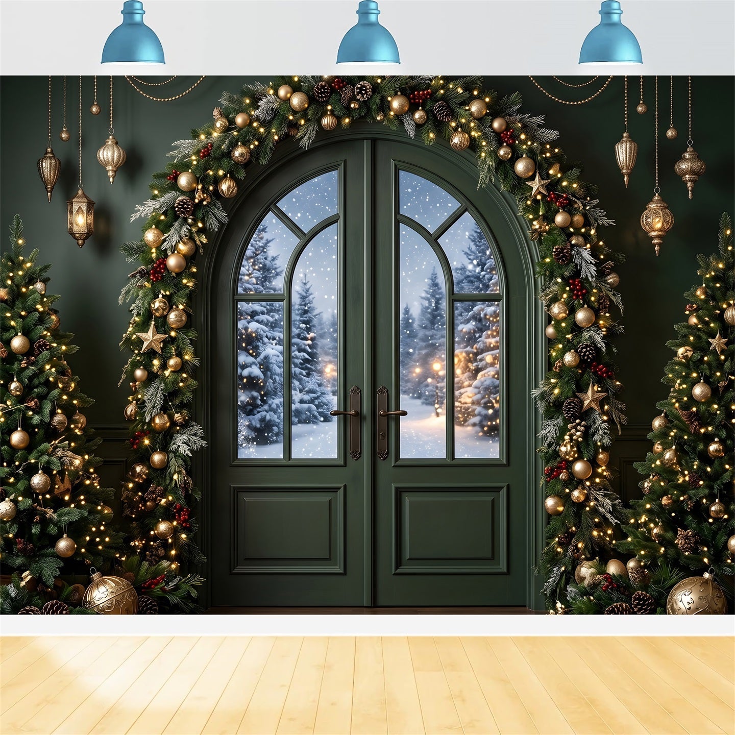 Toile de fond verte de Noël avec porte émeraude guirlande dorée et sapins CEM65-117