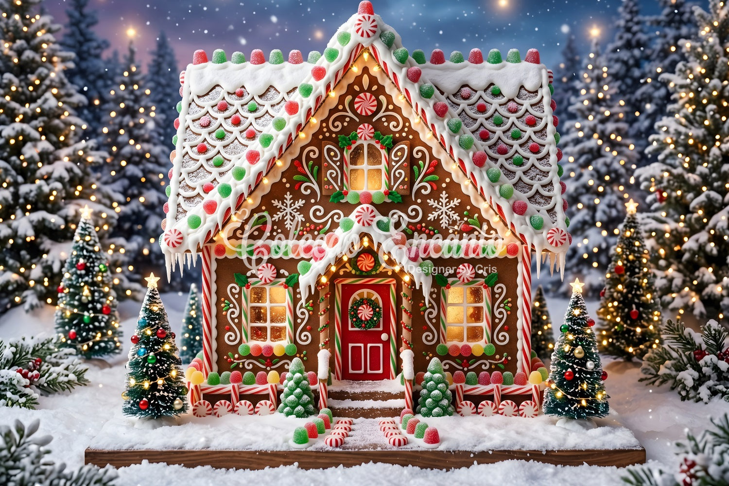 Toile de fond de Noël avec maison en pain d’épices bonbons et forêt enneigée pour photomaton CEM65-119