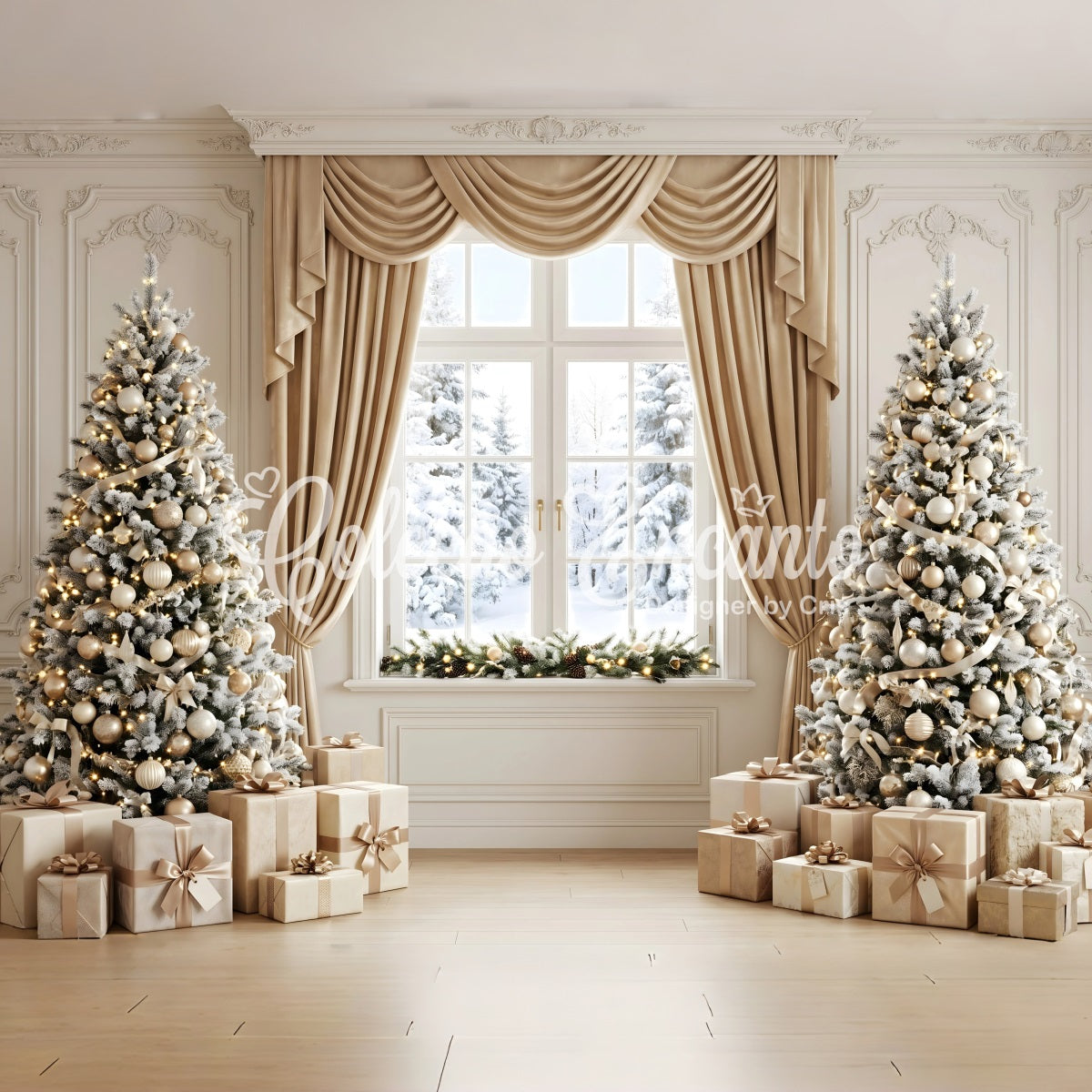 Toile de fond de Noël avec fenêtre rideau champagne et sapin givré CEM65-122