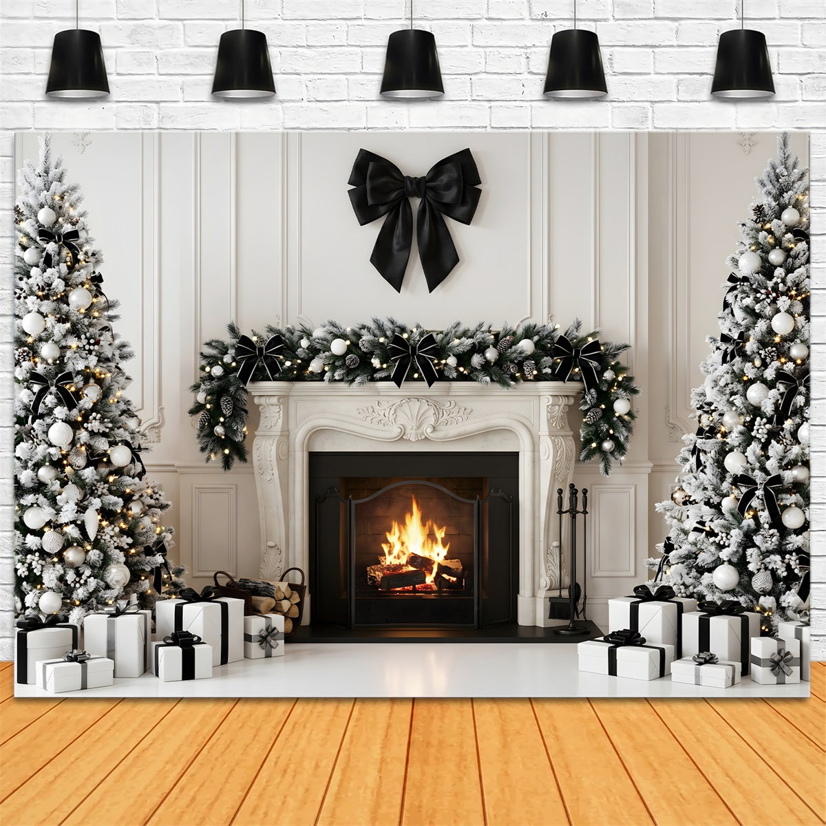 Toile de fond de fête de Noël avec nœud noir cheminée et sapins CEM65-127