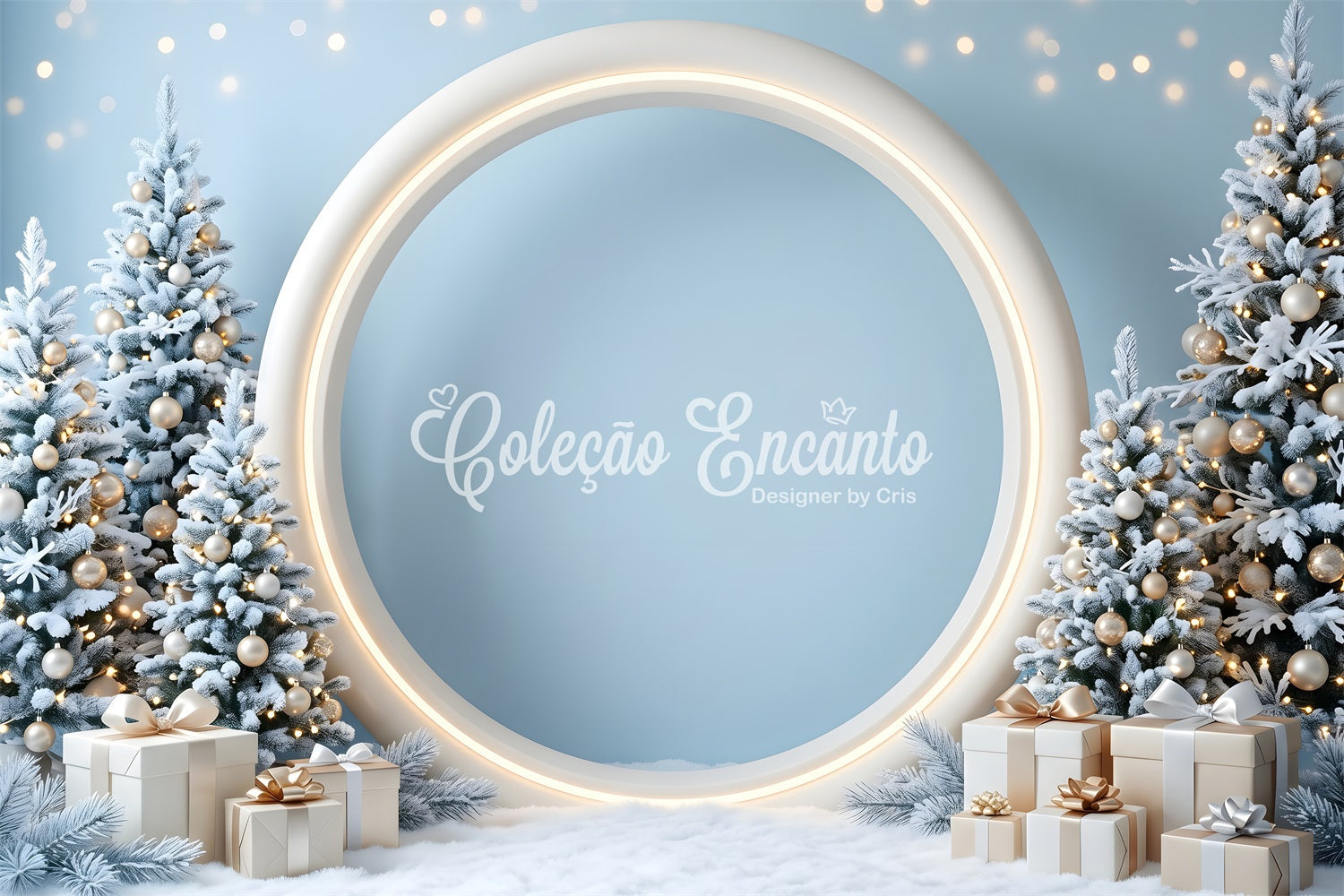 Toile de fond de Noël avec arche ronde bleue givrée et cadeaux CEM65-132