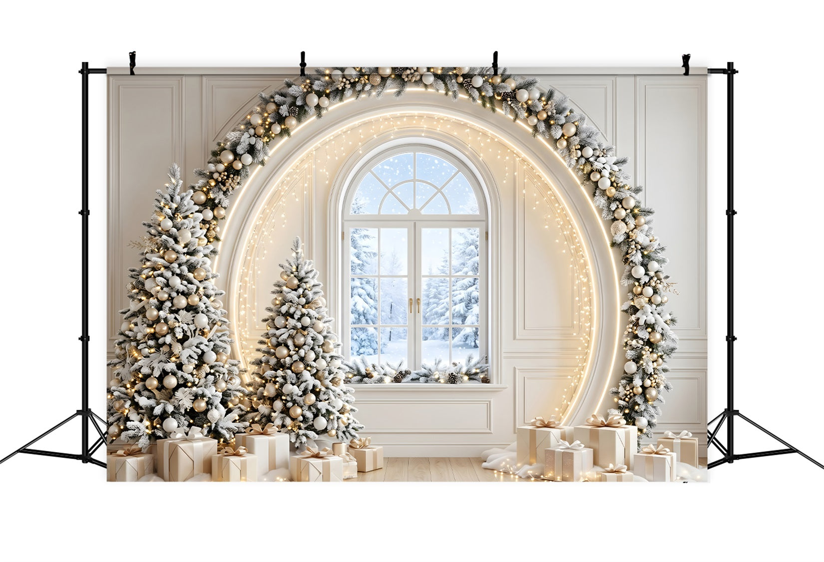 Toile de fond de Noël ivoire et or avec arche de fenêtre et sapins CEM65-133