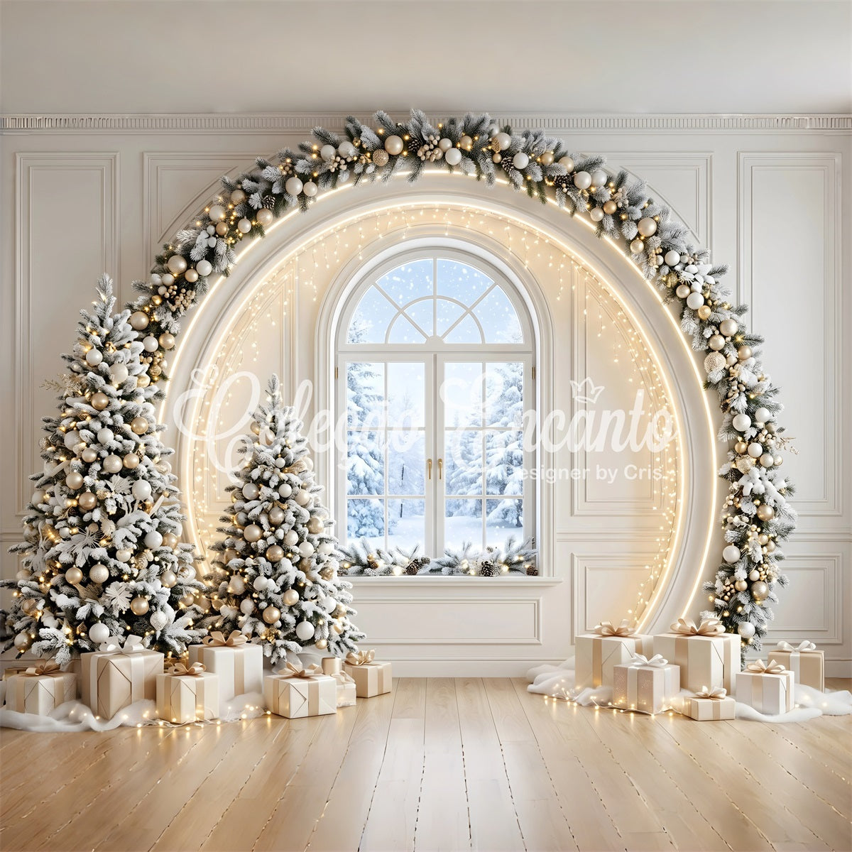 Toile de fond de Noël ivoire et or avec arche de fenêtre et sapins CEM65-133