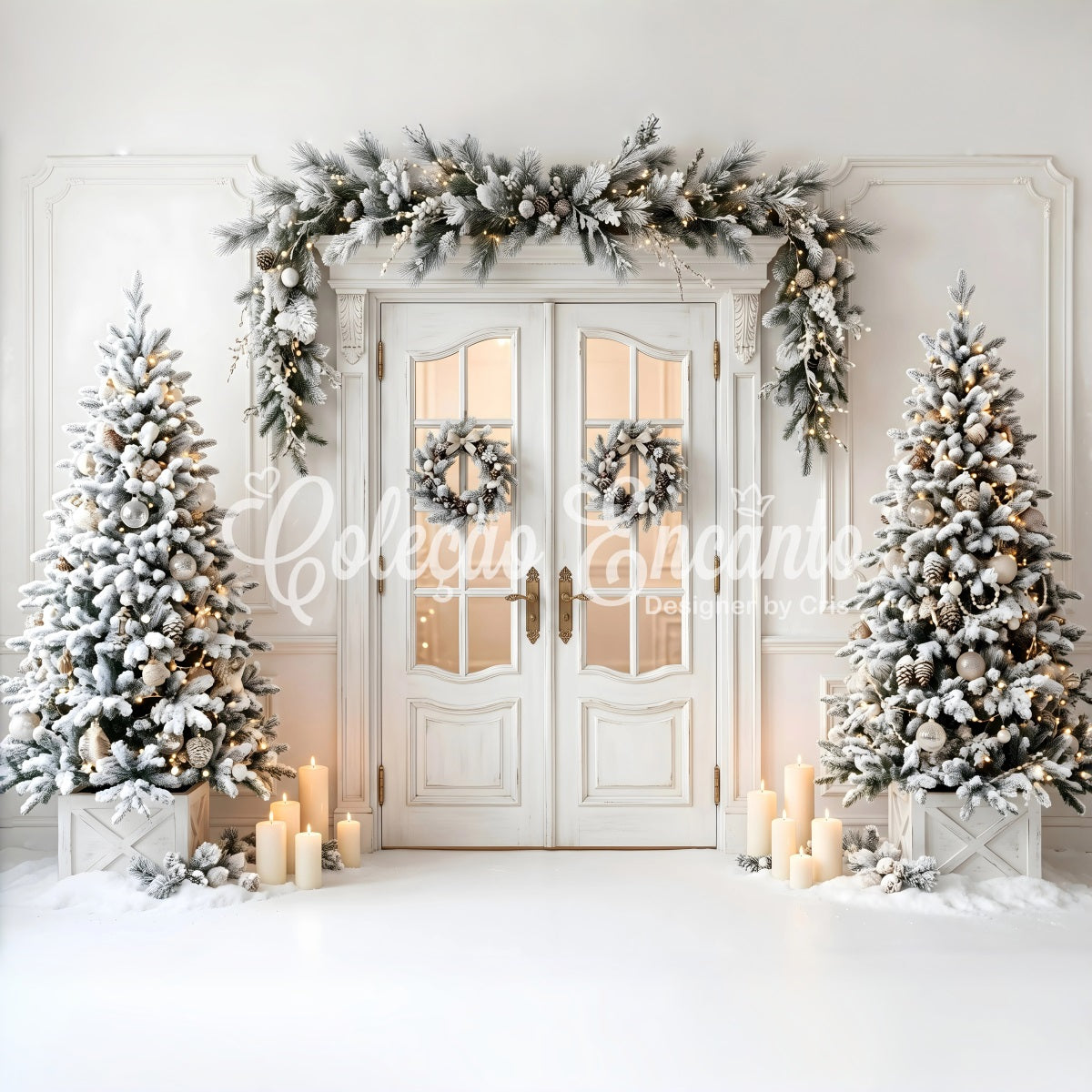 Toile de fond de Noël avec porte blanche givrée couronne et sapins pour photomaton CEM65-134