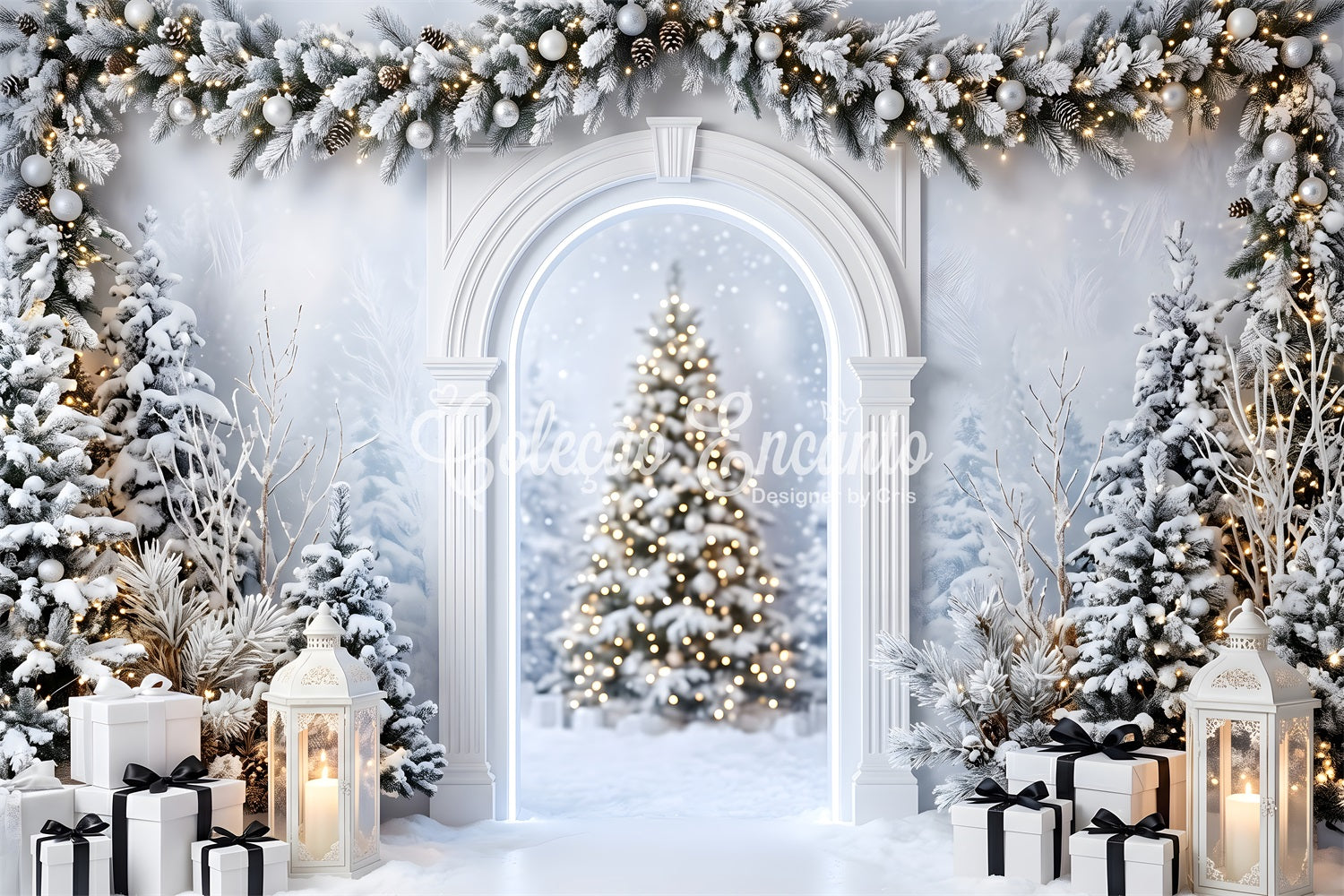 Toile de fond studio de Noël avec arche blanche enneigée lanterne et cadeaux CEM65-135