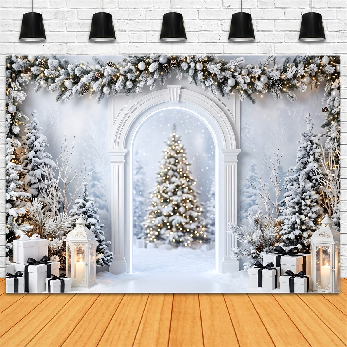 Toile de fond studio de Noël avec arche blanche enneigée lanterne et cadeaux CEM65-135