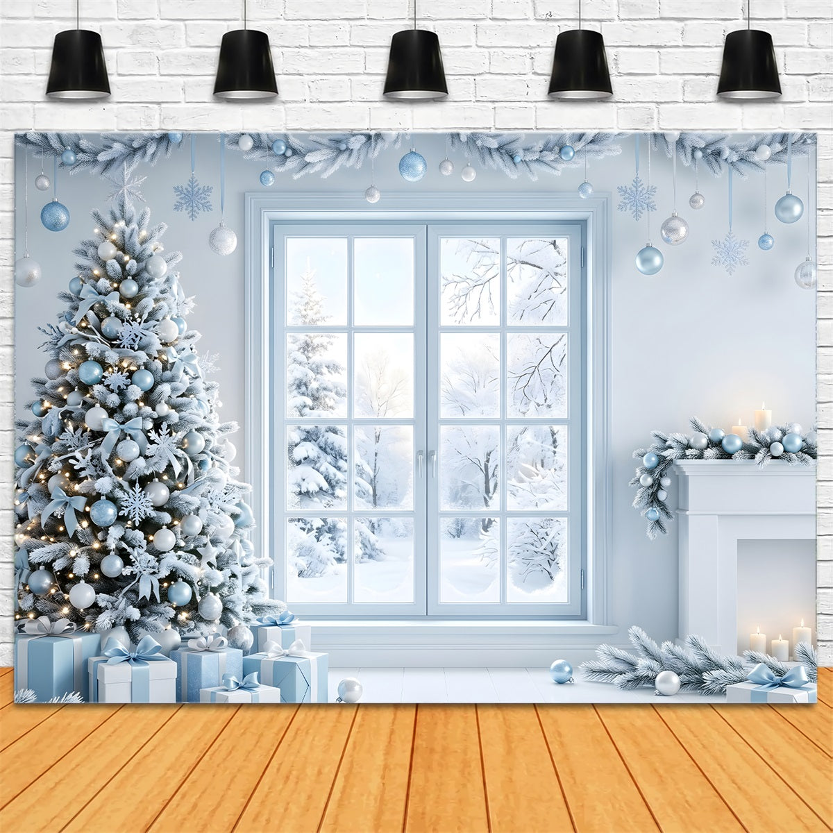 Toile de fond de Noël avec fenêtre bleu glacé sapin et cheminée pour séance photo CEM65-136