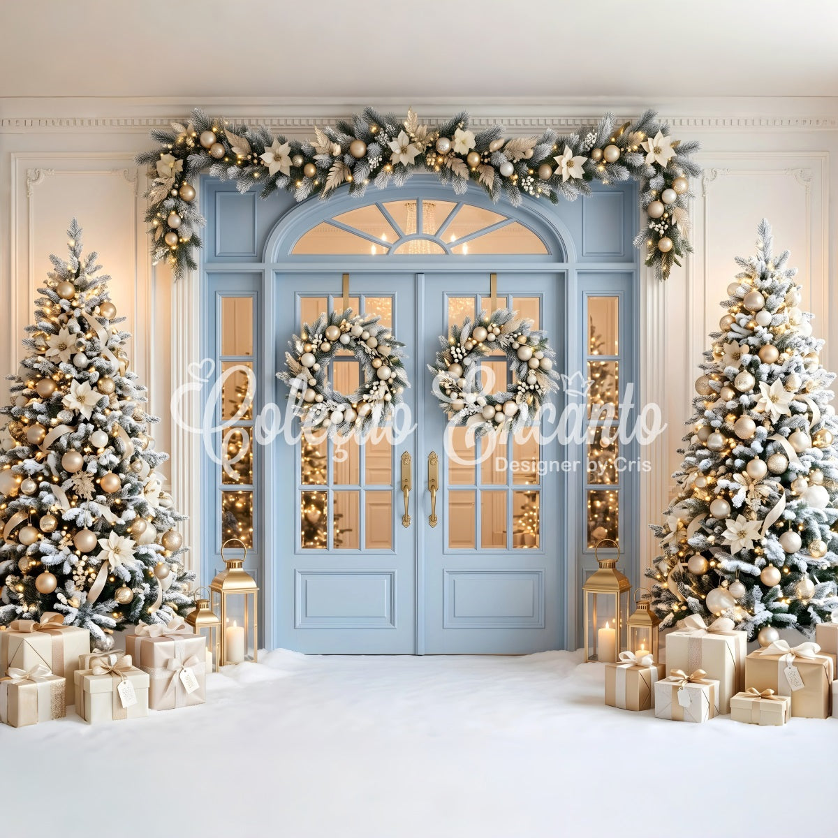 Toile de fond photo de Noël avec porte bleue et sapins dorés givrés CEM65-139
